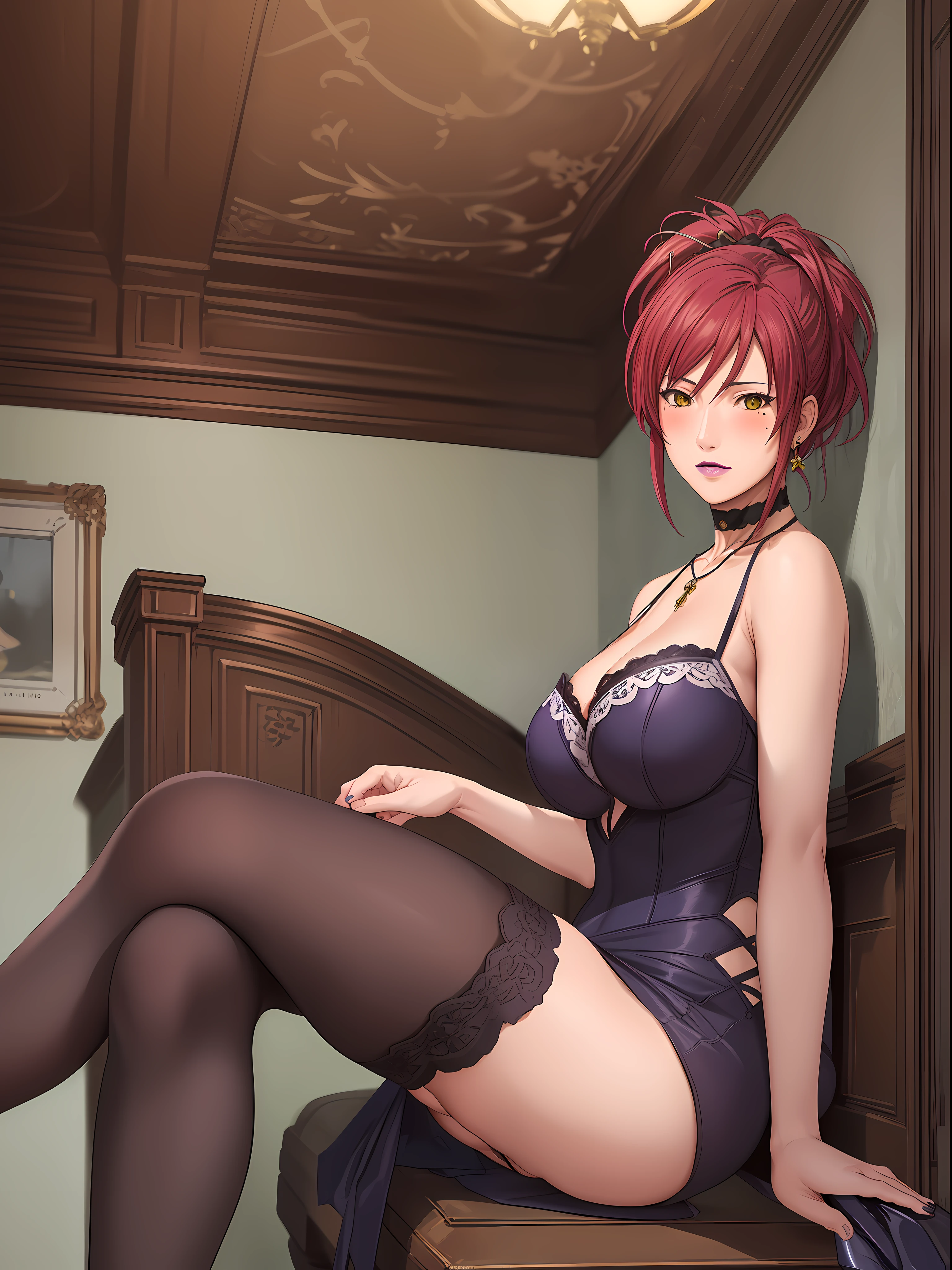 (Masterpiece, Best Quality, High Quality:1.4), professional artwork, Intricate Details, field of view, sharp focus, detailed painting, photorealistic lighting, trending on pixiv, (vivid lighting, vibrant colors:1.05), realistic shadows, ambient occlusion, by Takato Yamamoto Marie Mamiya, mature female, milf, solo, (curvy:1.1), sitting on sofa, crossed legs, luxury room, (cowboy shot:1.1), (red hair:1.05), hair ornament, lipstick, makeup, (mole under eye:0.9), choker, ultra detail hair, ultra detail face, (yellow eyes:1.05), perfect eyes, perfect face, earrings, (seductive look, blush:1.2), (main dress:1.2), choker, (black thighhighs:1.1),(highheels:1.2), bare shoulders, necklace, fingernails, (Large Breasts:1.15), Cleavage, big ass, thighs