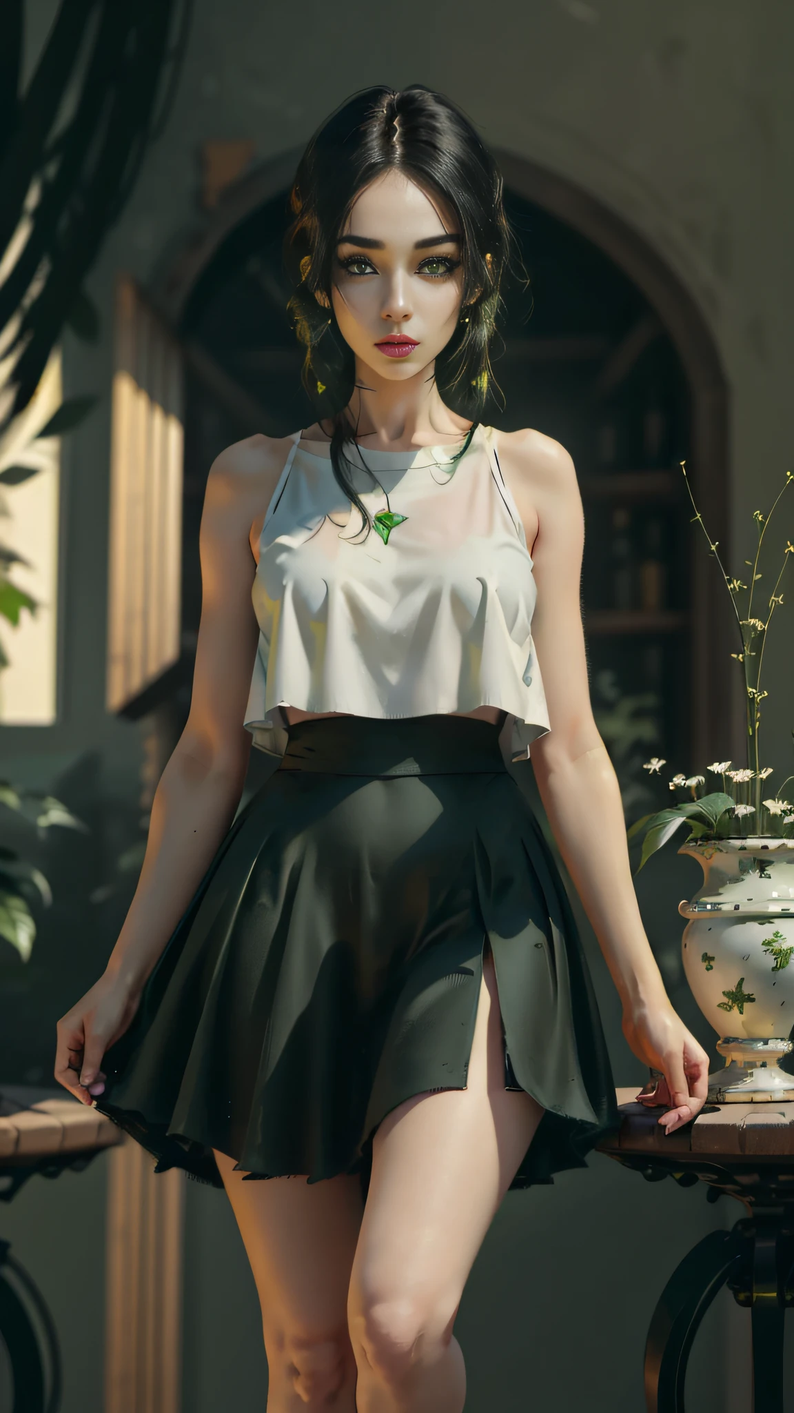 ((Best quality)), ((masterpiece)), (highly detailed:1.3), a woman in white top, black skirt short black hair, (green eyes:1.5), full body image