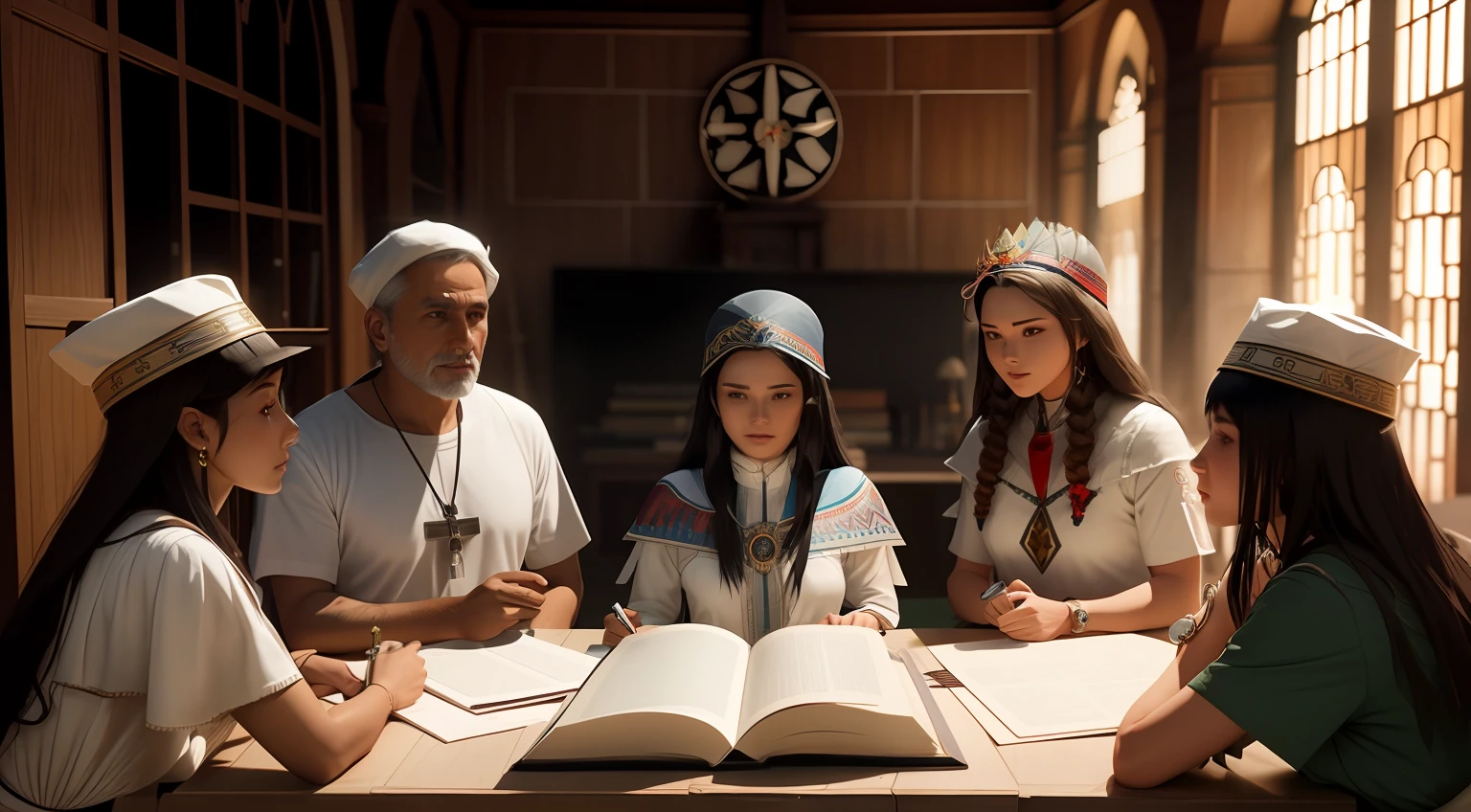 Several people sitting around a table with a book and a clock, maia 8 mil, ainda de um filme live action, Alexey Egorov, the oracle of the mayan elders, renderizado no Unreal Engine 5, Sergey Zabelin, cinematic unreal engine 5, ainda do filme, Criado em Unreal Engine 5, ps5 cinematic screen capture, Maxim Sukharev