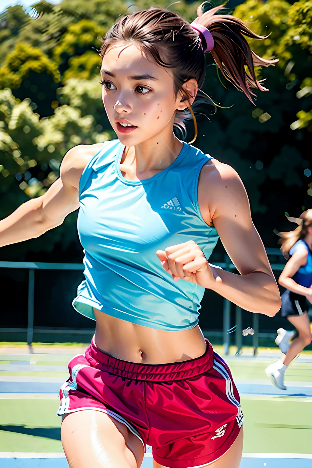 1 girl, solo, running, Gray Track Top, pink shorts, ponytail, athletic build, dynamic brushstrokes, fluid movement, capturing the essence of her athleticism and energy, using light colors and soft tones to create a dreamy and ethereal atmosphere, portraying the motion and grace of running, showing the wind blowing her ponytail and clothes, and the scenery of her surroundings.

outdoors, detailed background, Modern metropolis,