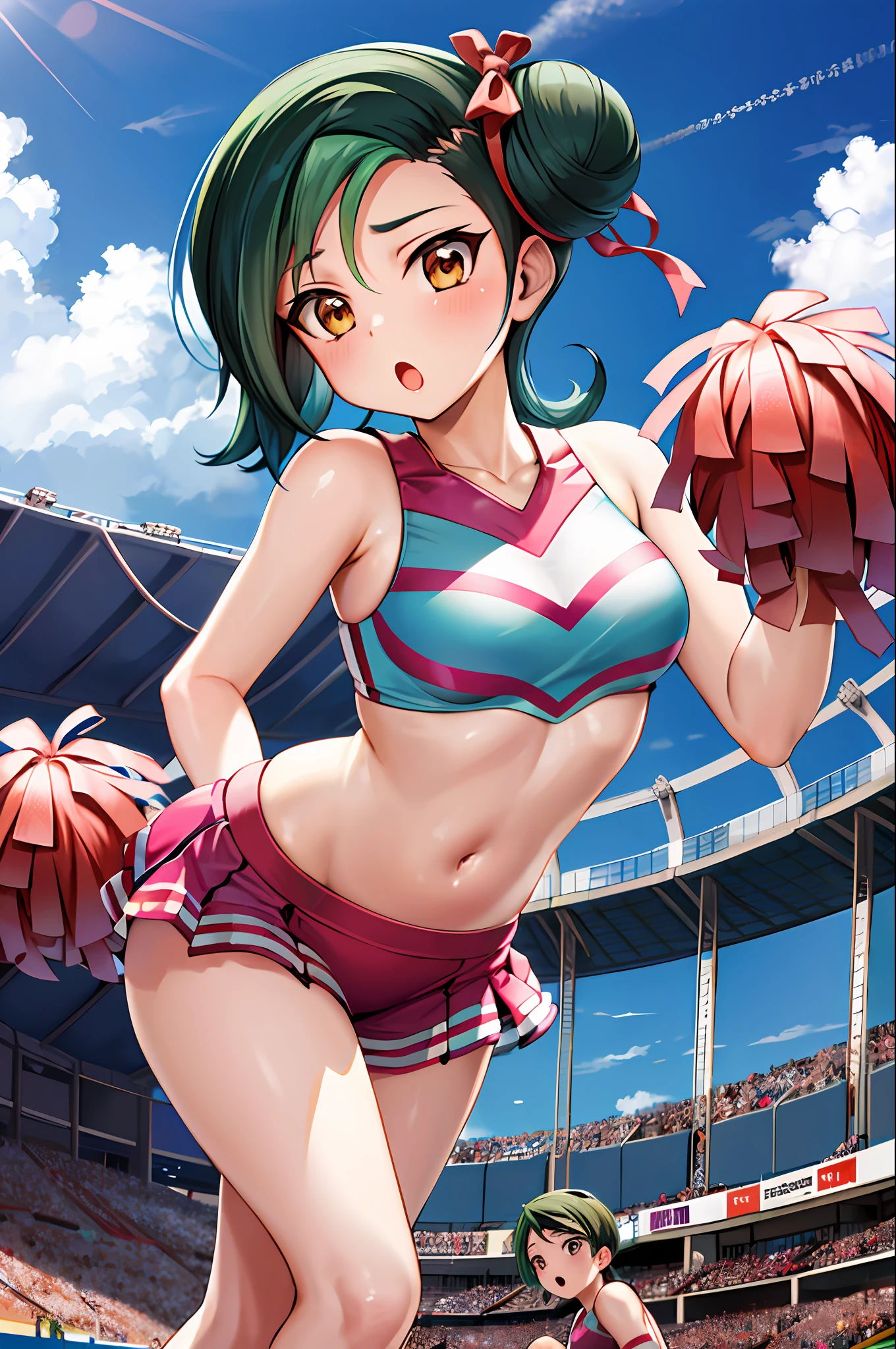 masterpiece, best quality, highres, hmkotori, short hair, multicolored hair, single hair bun, hair ribbon, leaning forward, outdoors, :o cheerleader wearing cheerleader outfit, holding pom poms, stadium, dancing, posing for a photo, cheering up the crowd,