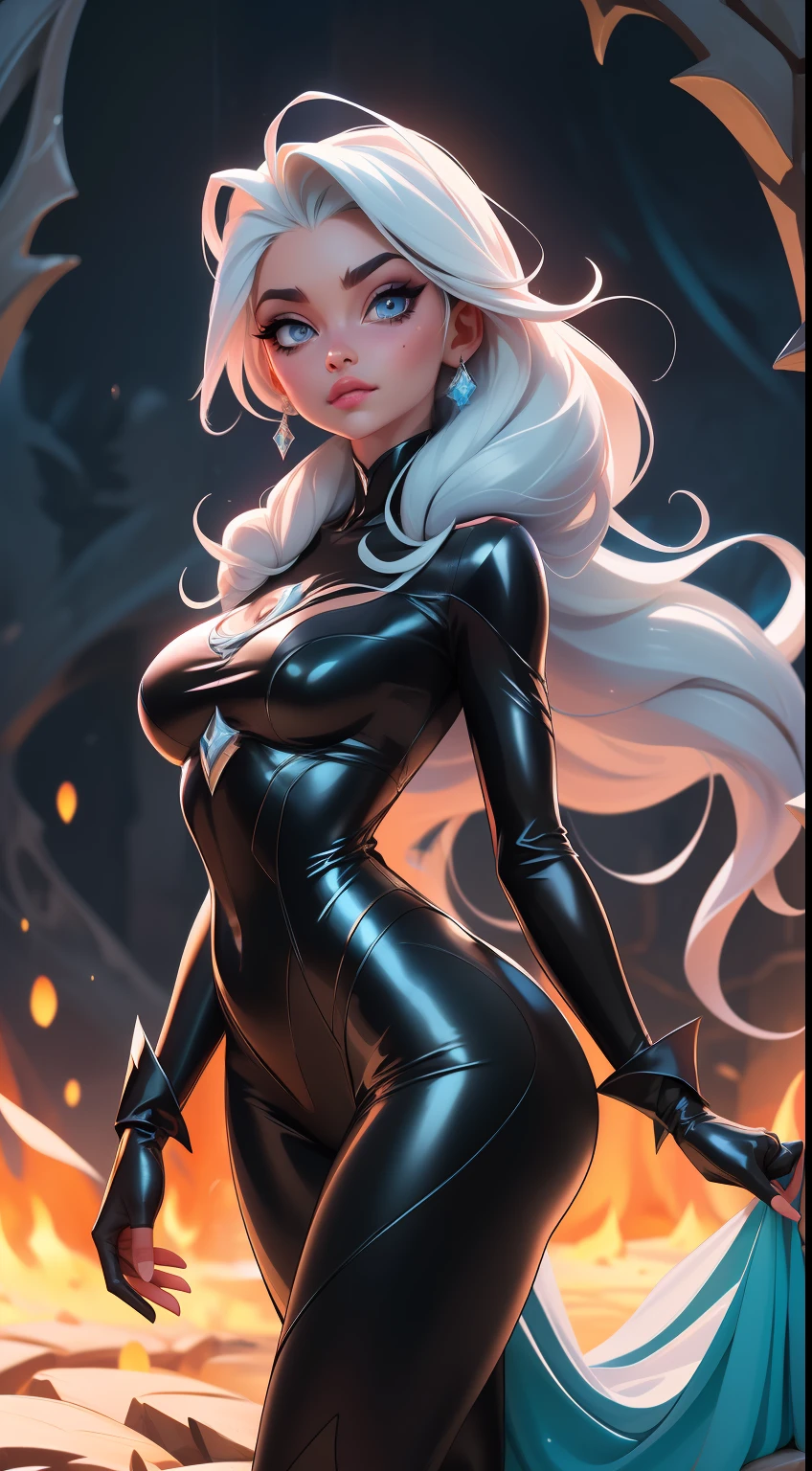 Elsa-Venom Fusion, Roupas do Venom, Cabelos brancos da Elsa, melting, 1girl, Bodysuit de latex preto, Beautiful, Segurando um Batarangue, particulas de gelo, morcegos, morcegos de gelo, (master part:1.2), (melhor qualidade:1.2), ((pose de luta)), ((campo de batalha)), cinemactic, olhos perfeitos, pele perfeita, perfect lighting, sorrir, luz, cor, pele texturizada, detalhe, Beleza, maravilha, ultra-detalhado, rosto perfeito