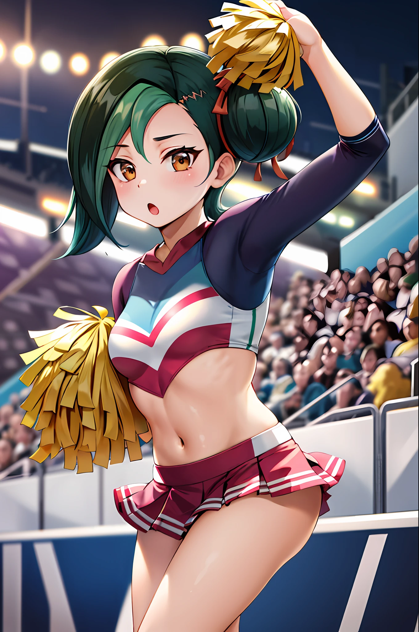 masterpiece, best quality, highres, hmkotori, short hair, multicolored hair, single hair bun, hair ribbon, leaning forward, outdoors, :o cheerleader wearing cheerleader outfit, holding pom poms, stadium, dancing, posing for a photo, cheering up the crowd,