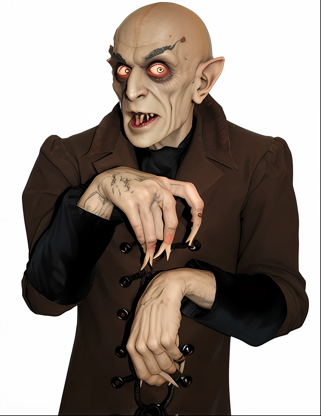 Homem de casaco marrom com faca e gravata preta, Estilo de Nosferatu, Nosferatu, fantoche de pano realista, cabelo afro azul, vampiro macho, Vampiro, vampiro assustador, foto de demon gollum, um homem vampiro, vampiro vitoriano, assustador, male vampire of clan banu haqim, horror animatronic, pose assustadora, raivosa e fundo chroma key.