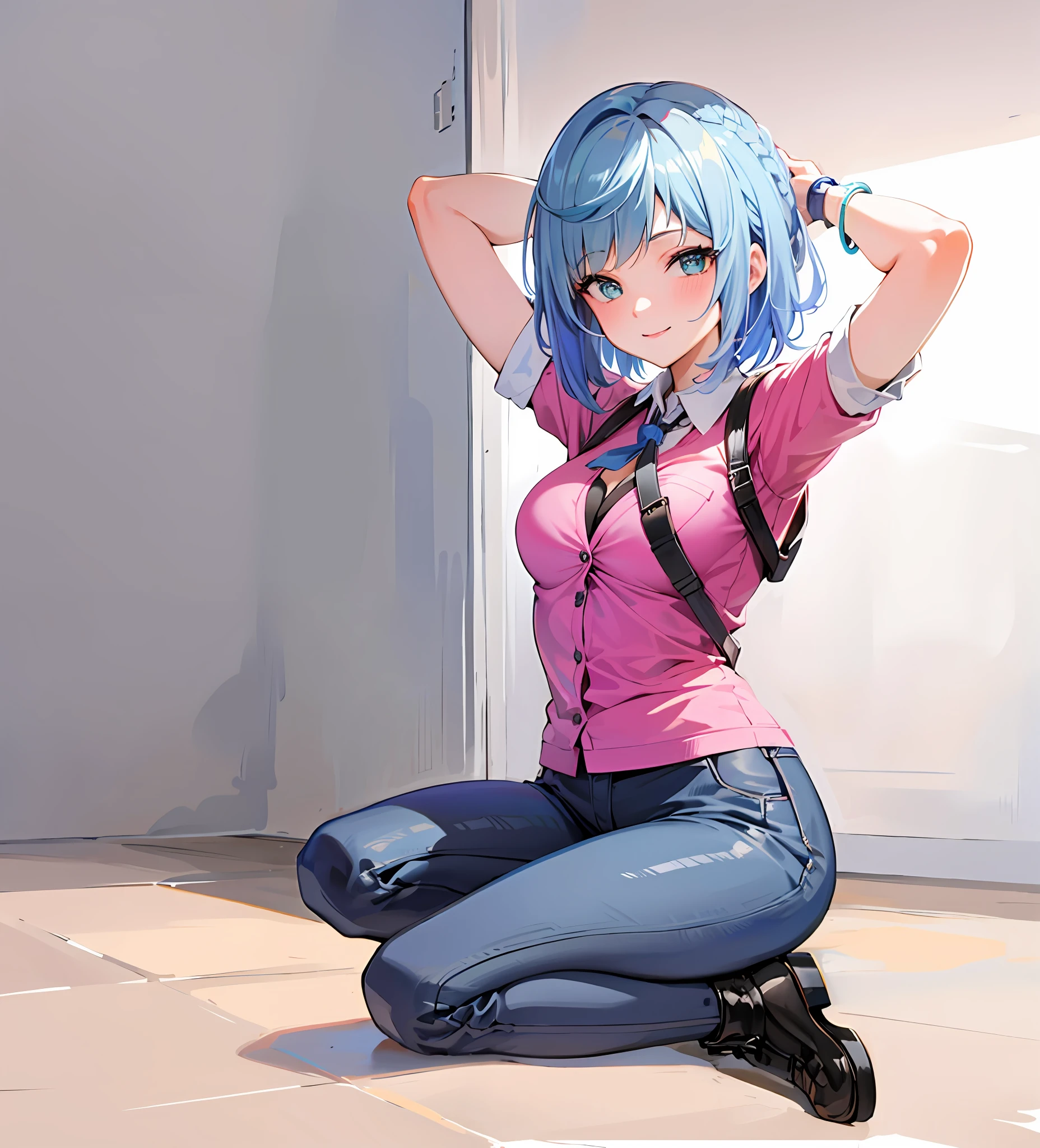 ((masterpiece, best quality)), (1girl),((mature female)), blue hair, ((office lady )),bangs,middle breast,(busty),slim,smile, [wide hips],office,standing, sleeping on the couch