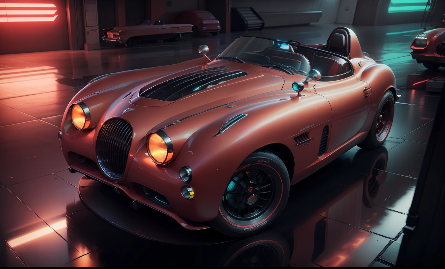 Carro VERMELHO BRILHANTE JAGUAR 1958 na Noite na Chuva, estilo de arte cyberpunk, Art Deco Beyond Anime Aesthetics, Dammanford. 8 k octane rendering, cyberpunk themed art, estilo de arte cyberpunk, masterpiece epic retro wave art, Dammanford. octane rendering, epic retro wave art, atmosfera cyberpunk, cyberpunk garage on jupiter, arte de anime cyberpunk, tall buildings, neon lights, cyberpunk carros, Illustrations