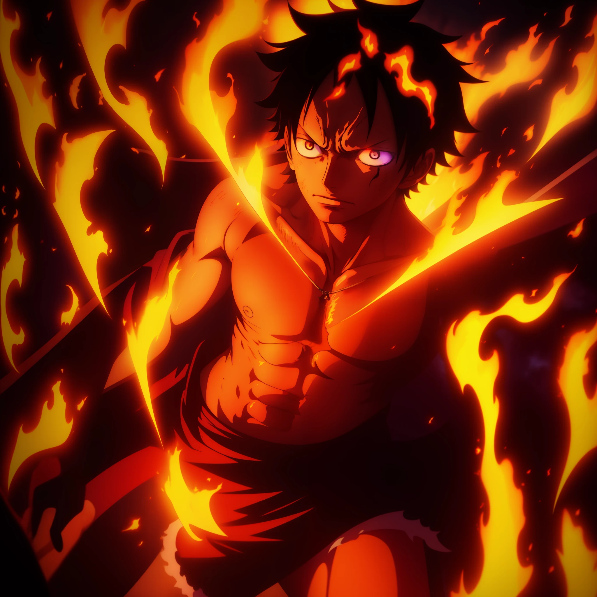 Dark background with realistic black flames anime One Piece 4k, with Ace with a defiant look (anime One Piece 4k) holding a purple flame, with a burn scar on his right eye, in a tense scene and pure mystery and suppression