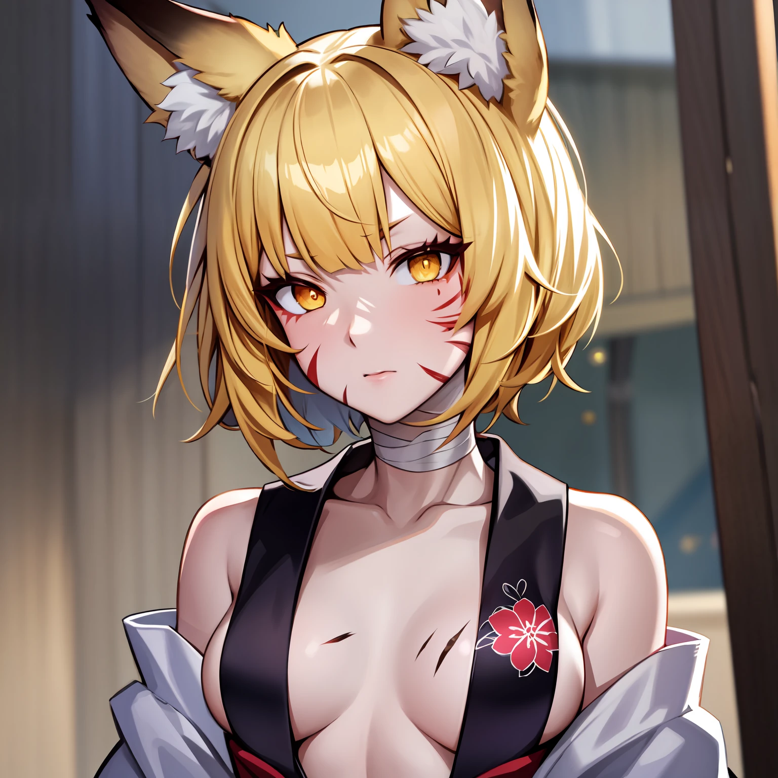 masterpiece, best quality, 8k, 1girl, solo, japanese clothes, opened kimono, bandages on chest, small breasts, blonde hair, short hair, bob cut, messy hair, kemonomimi, fox ears, big fox ears, yellow eyes, slit pupils, scars on cheek, face marks, serious, face only, face, standing, looking at viewer, from below, clear image,