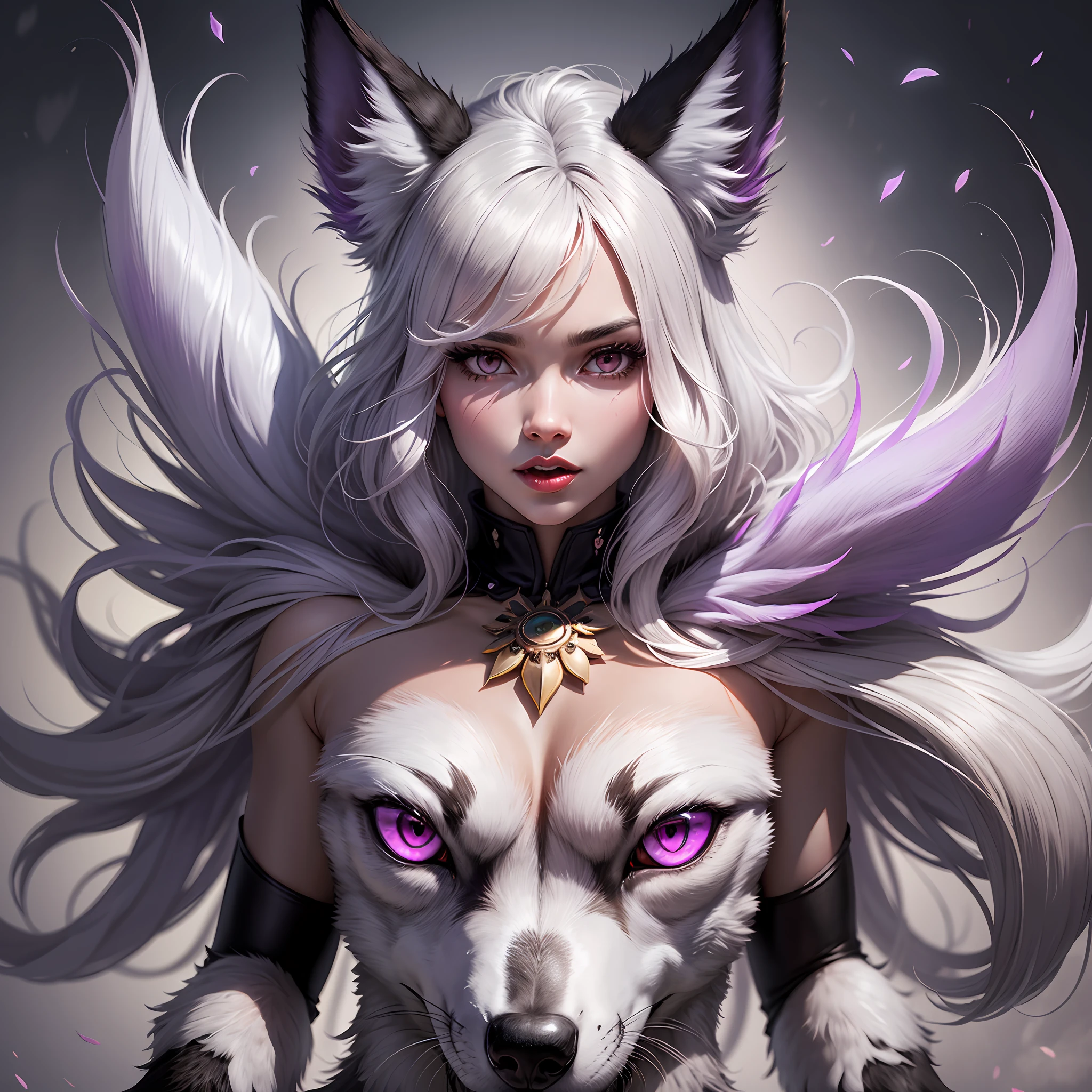 female body wolf, purple fur, long silver claws, arms outstretched, howl humain face, black skin, pink eyes, pink lips, prominent silver canine --auto --s2