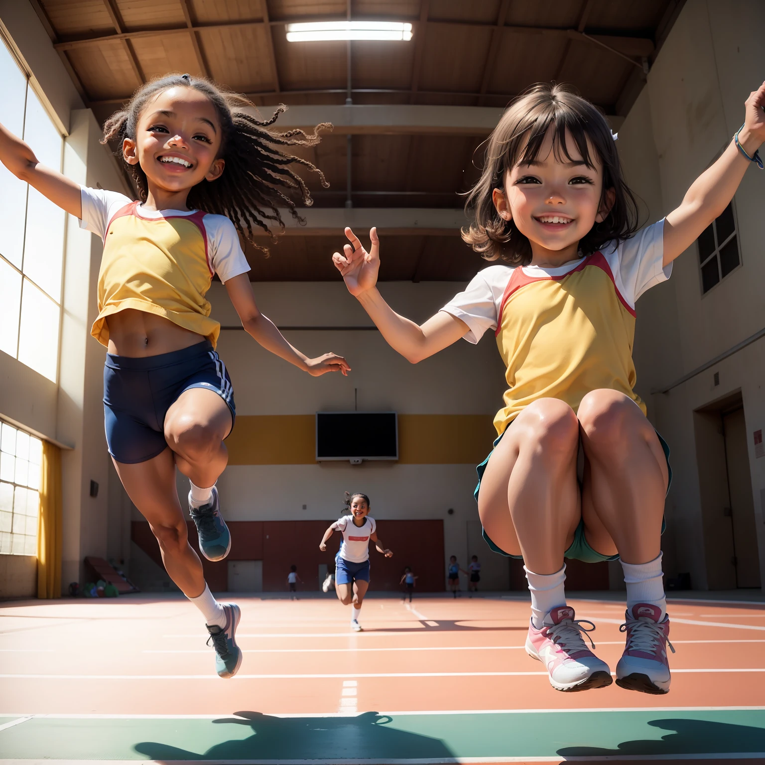smiling children practicing long jump in a gymnasium, alta definicao
