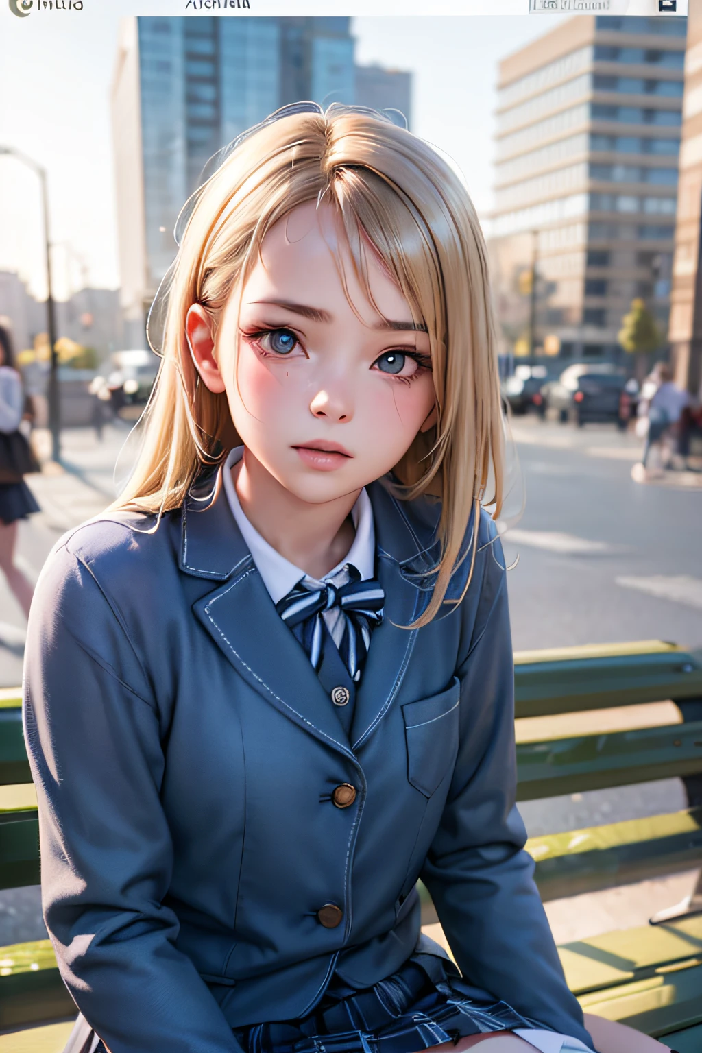 1girl, blonde hair, school uniform, sitting on a bench, waiting for the bus, bus station, city background, perfect eyes, perfect hands, ultra high res, cinematic angle, professional lighting, best quality, masterpiece, sidelighting, sharp, perfect focus, bokeh, photorealistic, (finely detailed beautiful eyes: 1.3), realistic, (3d face:1.1), (lustrous skin:1.5), (ultra high res intricate face details), (face skin pores:1.3), ultra high res cloth texture, 8k eye details, 8k pupils,