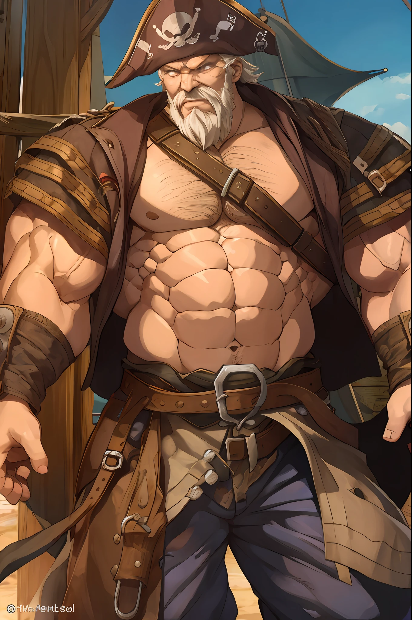 (a weathered and powerful pirate with a muscular build, old man)