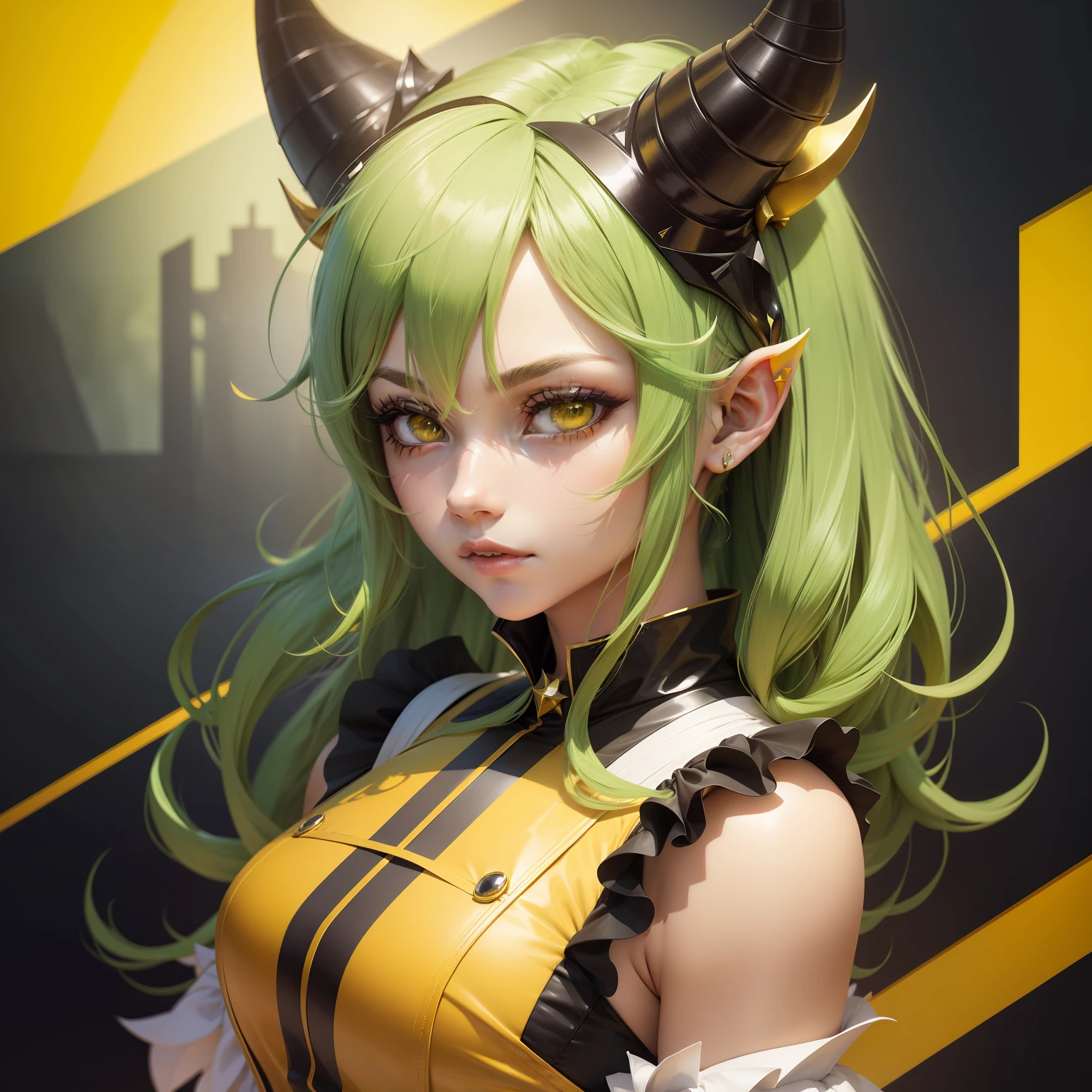animal ears, horns, kanzashi, green hair, gradient hair, yellow eyes, Cubism, super detail, masterpiece
