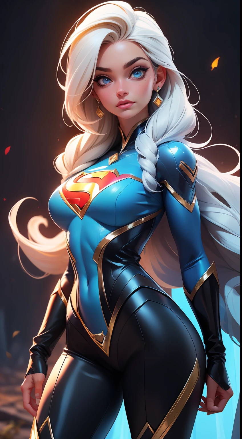 Elsa-Super Man Fusion, Roupas do Super man, Cabelos brancos da Elsa, melting, 1girl, Latex bodysuit, Beautiful, (master part:1.2), (melhor qualidade:1.2), ((pose de luta)), ((campo de batalha)), cinemactic, olhos perfeitos, pele perfeita, perfect lighting, sorrir, luz, cor, pele texturizada, detalhe, Beleza, maravilha, ultra-detalhado, rosto perfeito