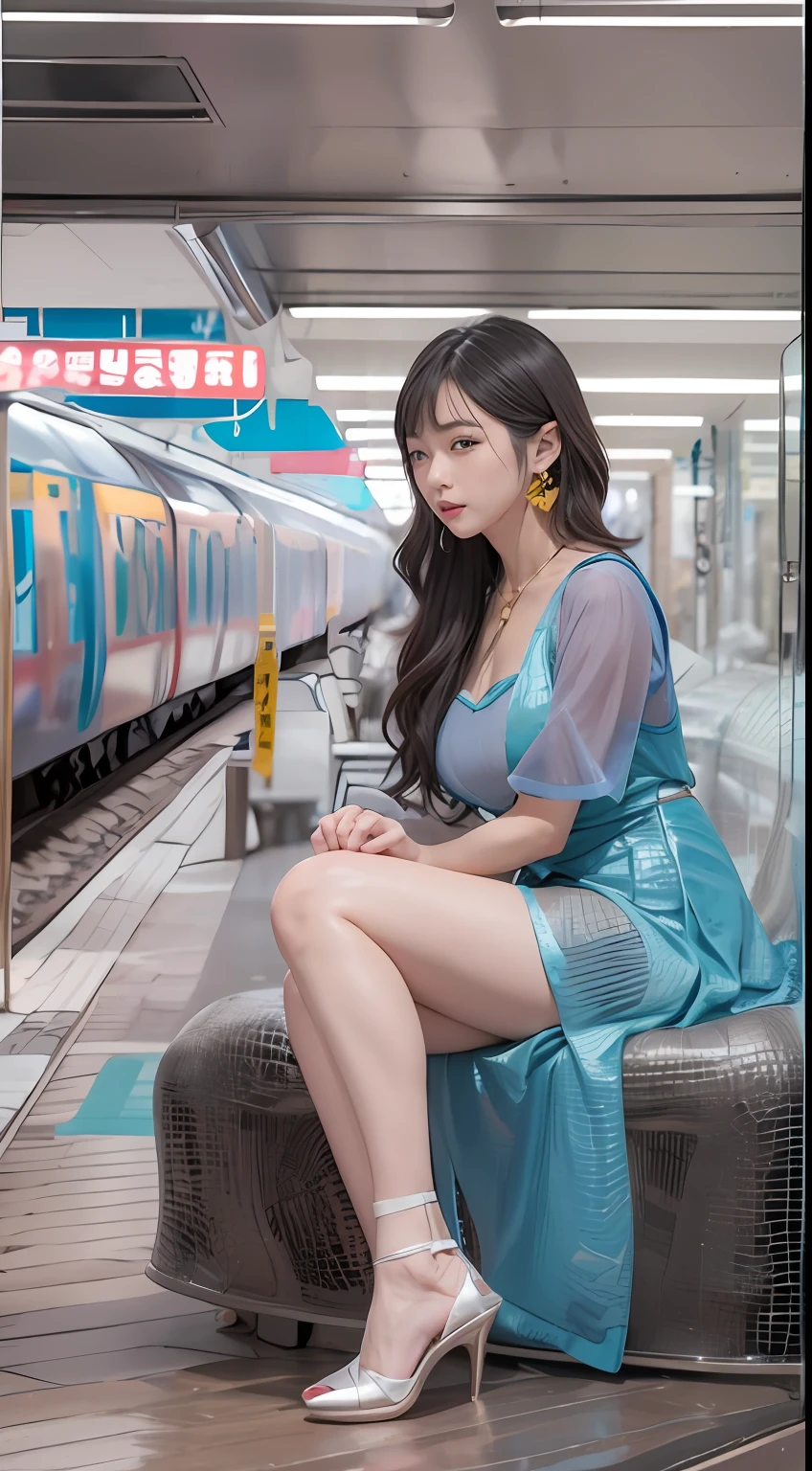 (tmasterpiece,k hd,hyper HD,16k)brunette color hair,15 year old girl,Multi-layer gauze skirt,Emphasize the lips,blusher,Soft lips,Glossy lips,,Soft hair like slippery silk,Sparkling,Almost reluctant to look away,She wears a suspender cheongsam!Imagine that,She just wore a suspender cheongsam to shop in the bustling Sanlitun,One can't help but want to take a closer look。Take a closer look, desi,Her belly pocket is quite stylish,The skirt flutters in the wind,It's like adding a touch of energy to the whole street,Crocodile skin train,A sneak peek angle,(From the angle below),Sit in a train crocodile leather seat,sitting in front,Zoom camera,head portrait,Head down and sleepy-eyed,Look at the ground, best qualtiy, hyper HD, (realisticlying:1.4),, A high resolution, the detail, RAW photogr, Sharp Re, Nikon D850 Film Stock Photo by Jefferies Lee 4 Kodak Portra 400 Camera F1.6 shots, Rich colors, ultra-realistic vivid textures, Dramatic lighting, Unreal Engine Art Station Trend, cinestir 800,