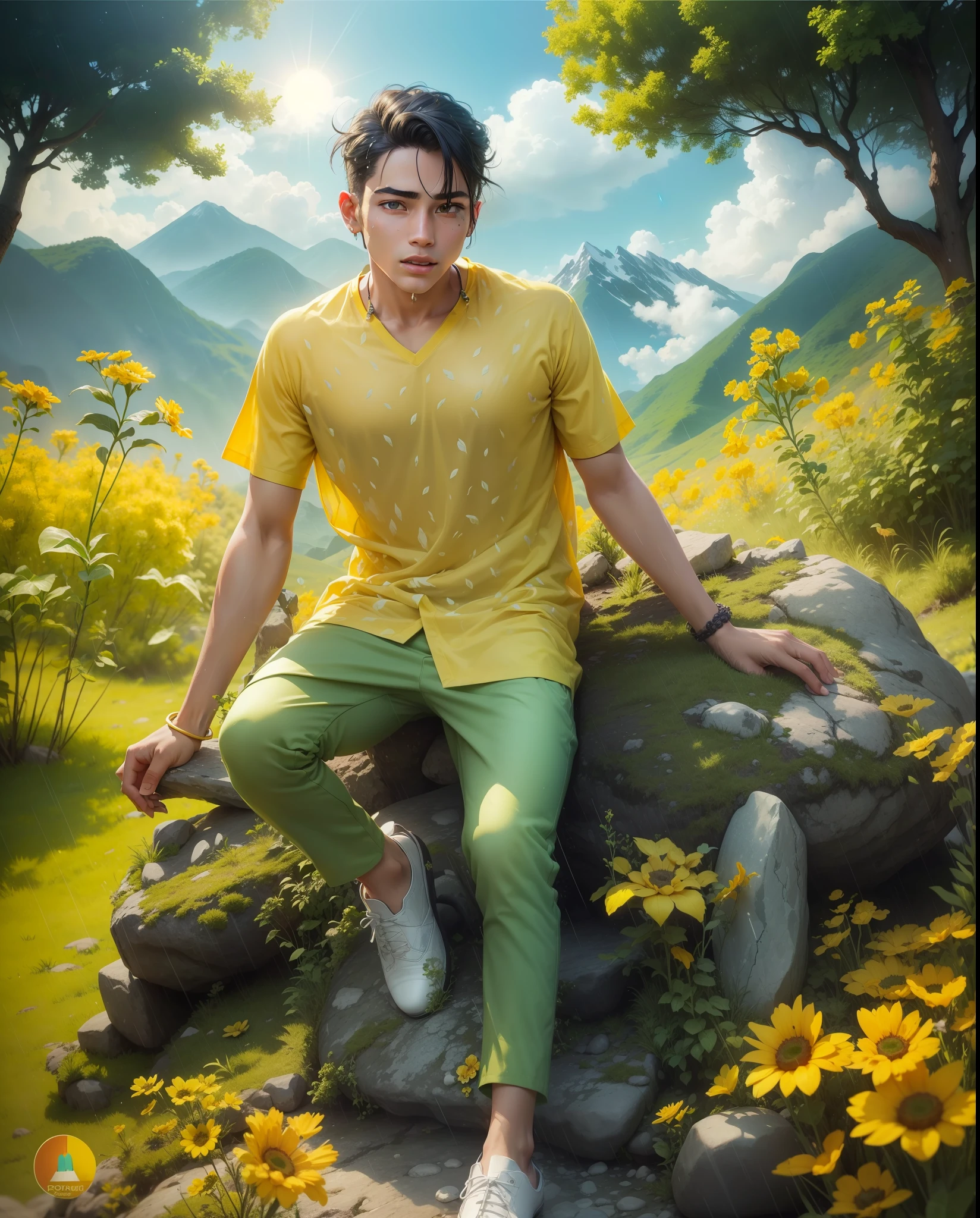I am a boy sitting on a stone in the mountain and it is raining, there are flowers around me, there are clouds, there is a green mountain and the sun is visible, the sun is also covered with clouds, the mountain is green ultra high quality picture generate realistic image generate my shirt color yellow full pent yellow color my face realistic look indian boy