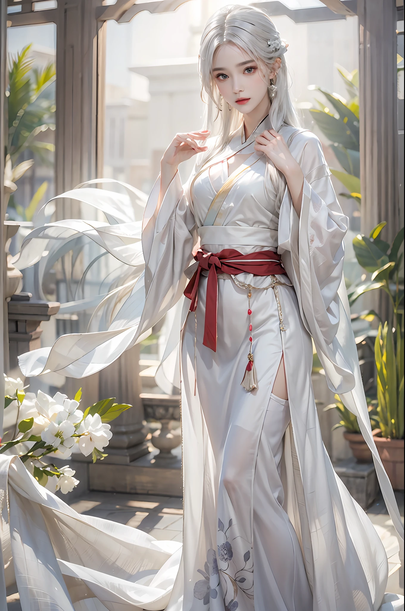 photorealistic, high resolution, 1 women, solo, hips up, narrow waist, beautiful eyes, light whitehair, imortal style, hanfu, gorgeous accessories, wearing pearl earrings