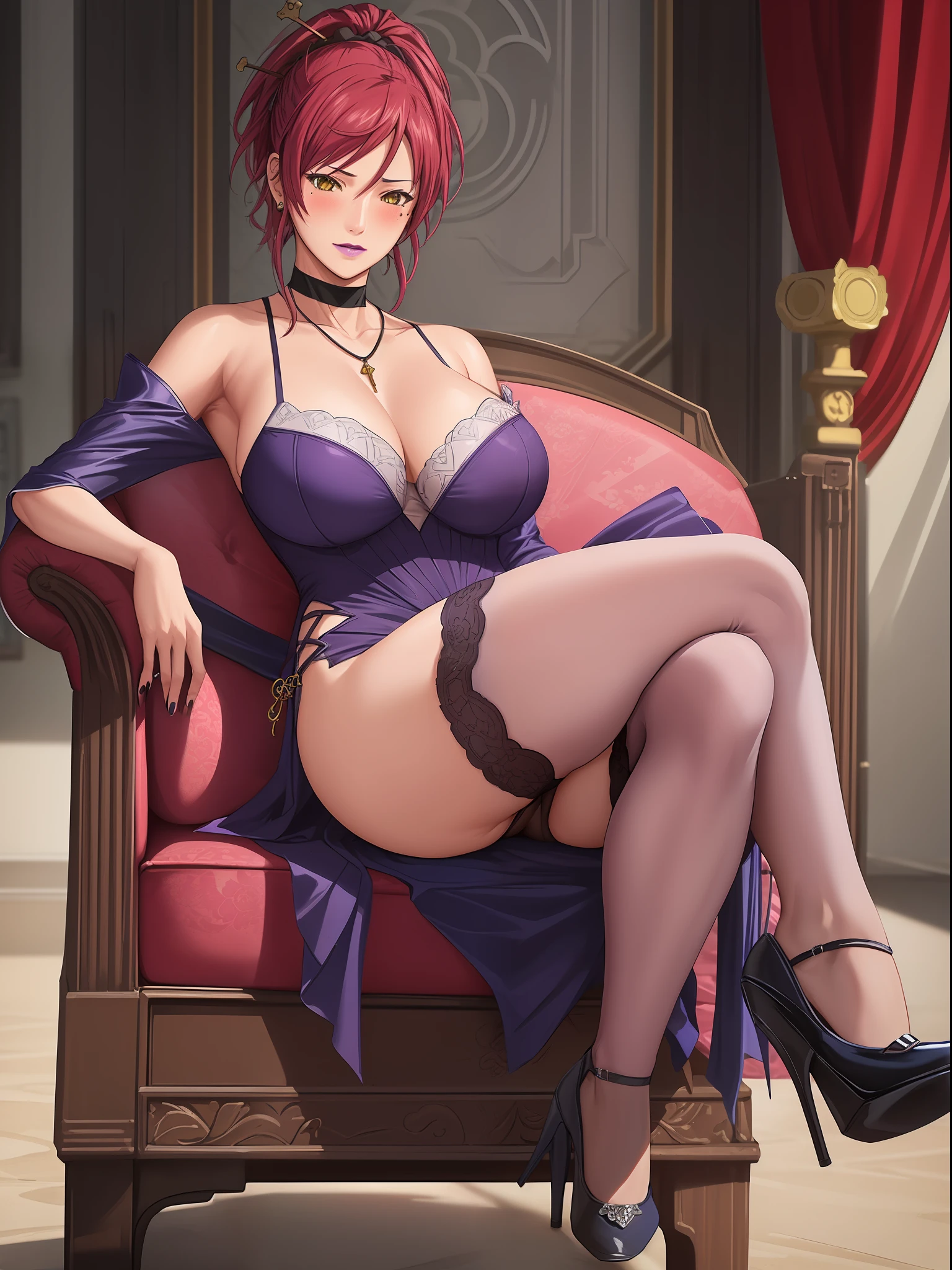 (Masterpiece, Best Quality, High Quality:1.4), professional artwork, Intricate Details, field of view, sharp focus, detailed painting, photorealistic lighting, trending on pixiv, (vivid lighting, vibrant colors:1.05), realistic shadows, ambient occlusion, by Takato Yamamoto Marie Mamiya, mature female, milf, solo, (curvy:1.1), sitting on sofa, crossed legs, luxury room, (cowboy shot:1.1), (red hair:1.05), hair ornament, lipstick, makeup, (mole under eye:0.9), choker, ultra detail hair, ultra detail face, (yellow eyes:1.05), perfect eyes, perfect face, earrings, (seductive look, blush:1.2), (main dress:1.2), choker, (black thighhighs:1.1),(highheels:1.2), bare shoulders, necklace, fingernails, (Large Breasts:1.15), Cleavage, big ass, thighs