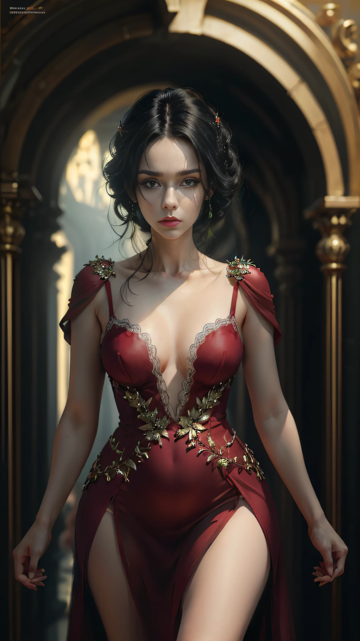 ((Best quality)), ((masterpiece)), (highly detailed:1.3), a woman in red dress, short black hair, (green eyes:1), perfect face, perfect hands, full body image