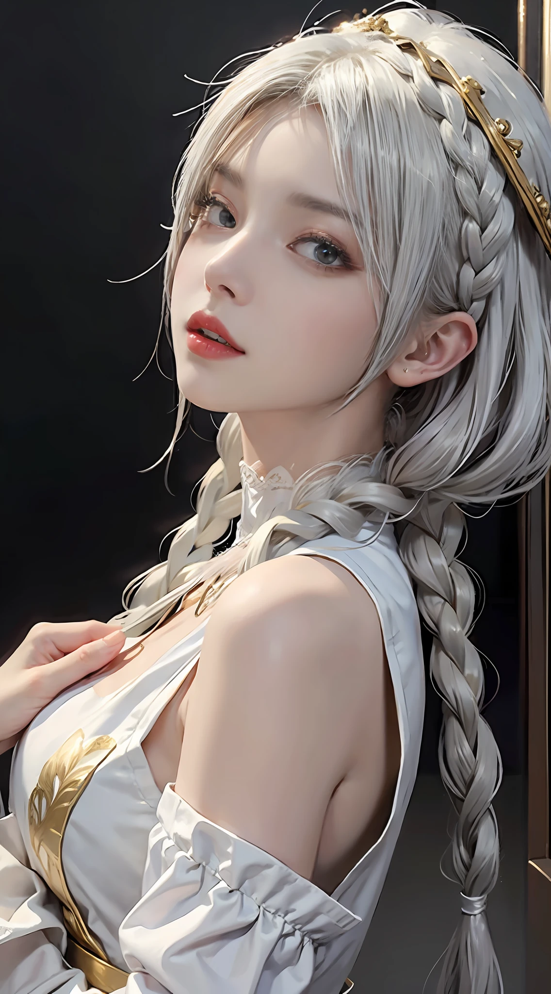 best quality, masterpiece,white hair, gold eyes,white clothes, looking up, upper body,hair strand,Fair skin,side braids