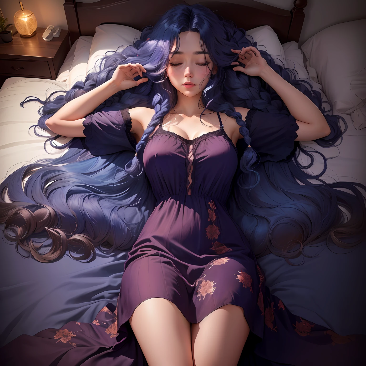 woman laying on a bed with a lot of hair, curly long blue hair, BRAIDED HAIRSTYLE, sleeping on the bed, natural lightning, raw color, wearing night short dress, 8k, illustrator, masterpiece, high quality, 8k, high resolution, high detailed, hot long night dress