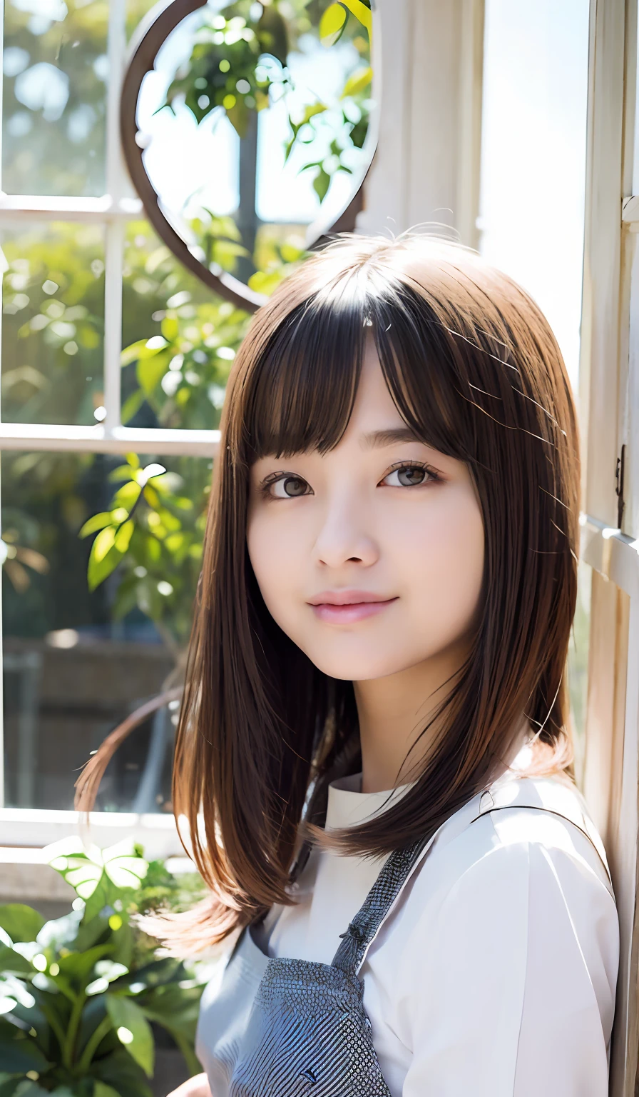 (8K、Raw photography、top-quality、​masterpiece:1.2)、(realisitic、Photorealsitic:1.37)、ultra-detailliert、
1 beauty、18year old、独奏、Beautiful detailed sky、Detailed Cafe、Cafe Clerk、Pick-up、(blush of the nose)、(Smile:1.1)、(Mouth closed)、Soft udder、seducting smile、(tea shop(Brick wall、Crate windows、(Clear sky outside the window、Plants outside the window are bright)))、Daytime in clear weather、profetional lighting、Sony A7R4、Zessie 50mm f1.8、
Beautiful Detail Eye、(White collared shirt)、Ribbon Ties、Black tight pants、white sock、Black shoes、Black and square apron、Black Hunting、Floating hair、Slender woman、Drawing the whole body、Semi-long hair、bangss、Female clerk in a coffee shop