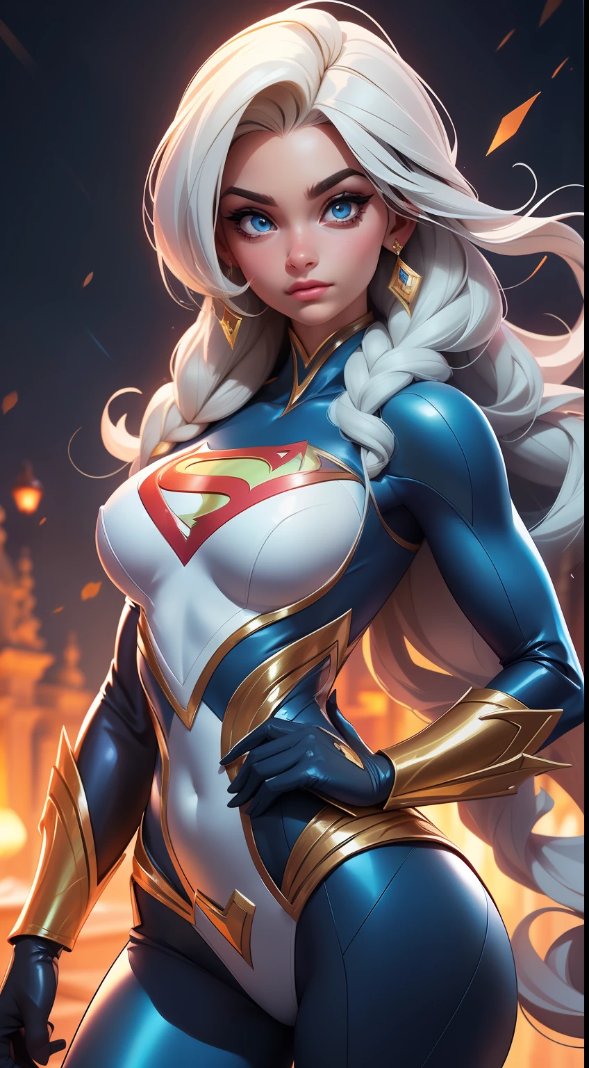 Elsa-Super Man Fusion, Roupas do Super man, Cabelos brancos da Elsa, melting, 1girl, Latex bodysuit, Beautiful, (master part:1.2), (melhor qualidade:1.2), ((pose de luta)), ((campo de batalha)), cinemactic, olhos perfeitos, pele perfeita, perfect lighting, sorrir, luz, cor, pele texturizada, detalhe, Beleza, maravilha, ultra-detalhado, rosto perfeito