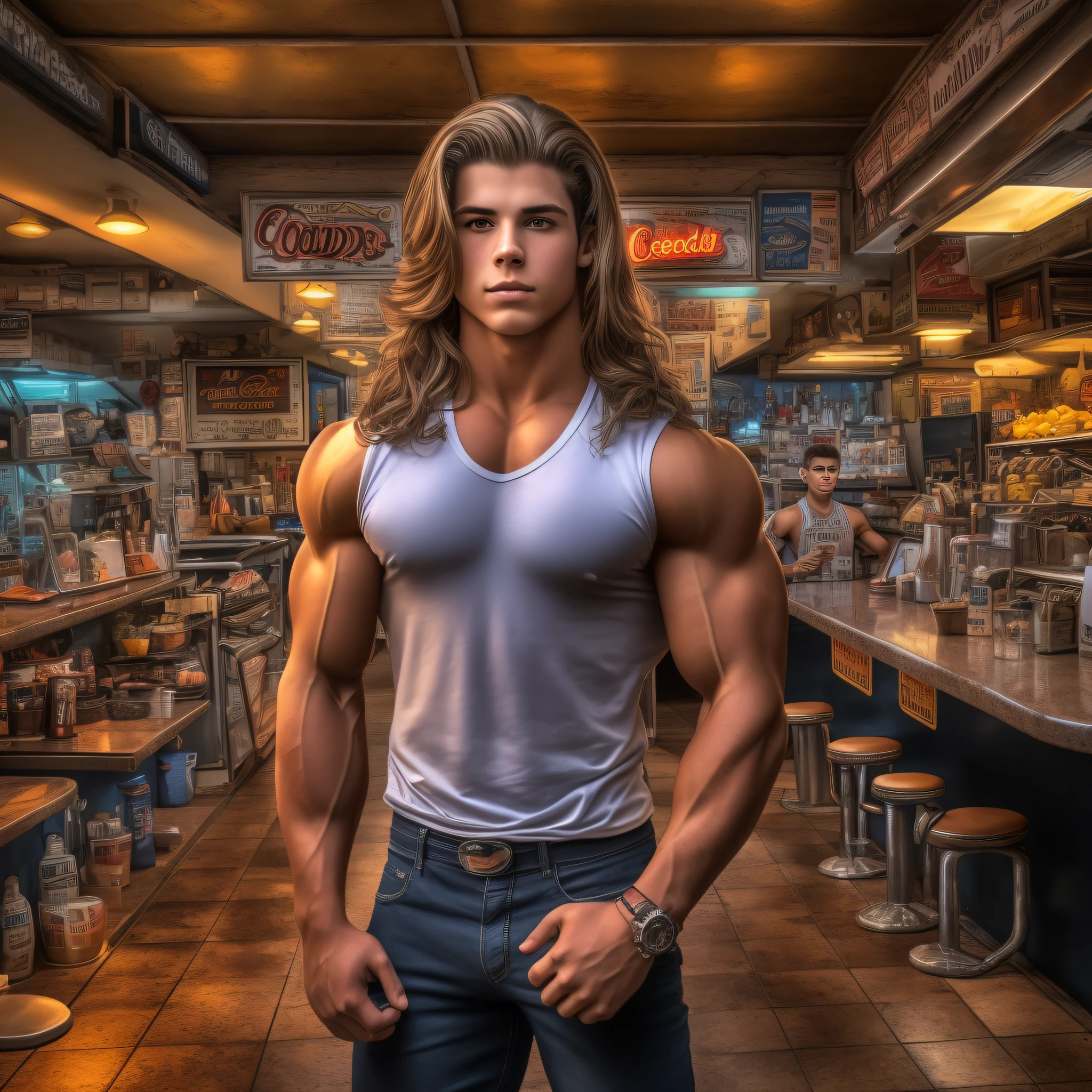 An 18-year-old boy bodybuilder, embodying the perfect fusion of Joey Lawrence and Cody Calafiore with long hair, exuding an aura of strength and confidence. Enhanced with HDR technology, this image depicts a true masterpiece, 4K resolution, flawless anatomy, 1950's diner, night photography, neon