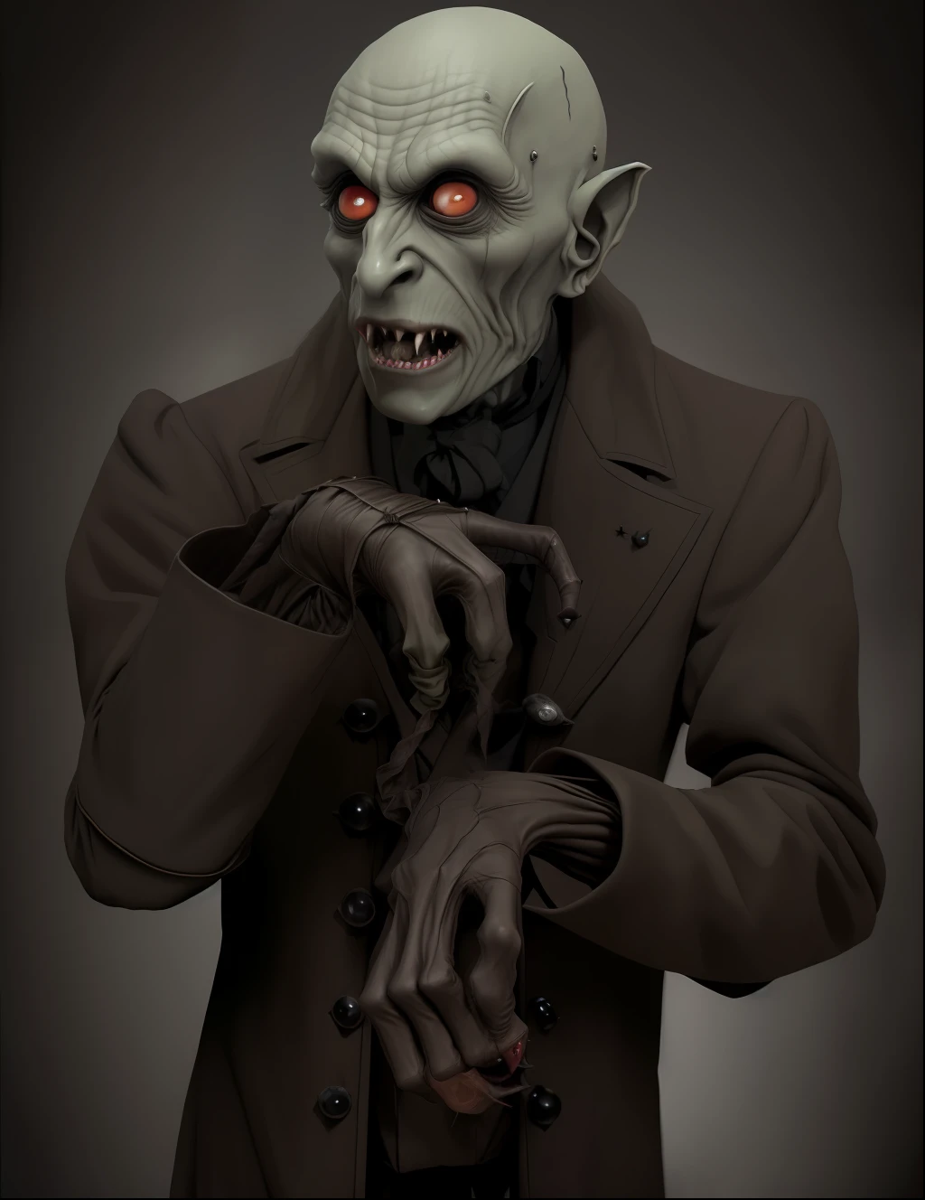 arafed man in a brown coat with a knife and a black tie, style of nosferatu, nosferatu, realistic cloth puppet, male vampire, vampire, scary vampire, photo of demon gollum, one man vampire, victorian vampire, creepy, male vampire of clan banu haqim, horror animatronic, scary angry pose