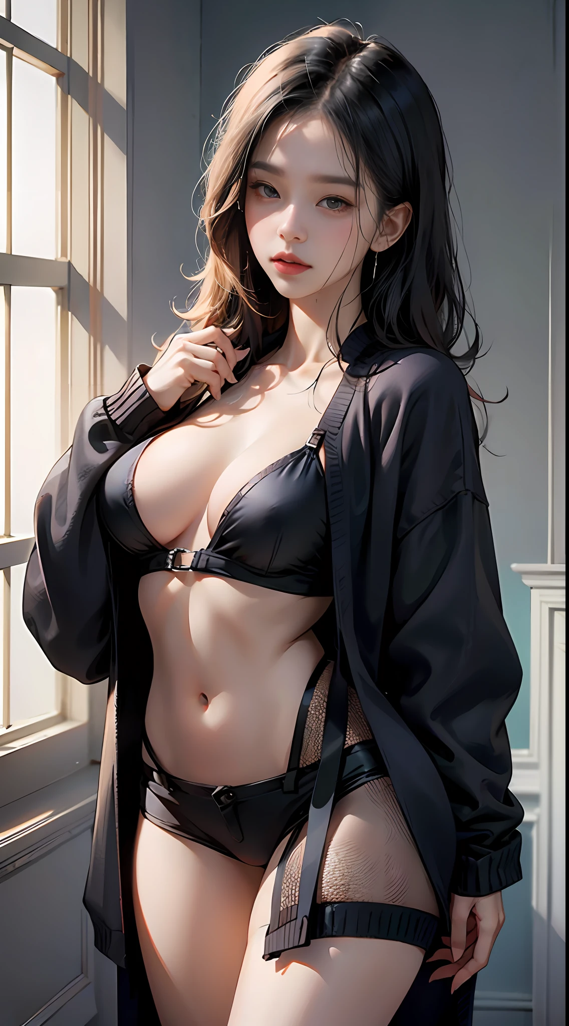 uncovered skin， exposed big breasts， （（Beautiful skins））， Black cardigan， no_window，Black eyes