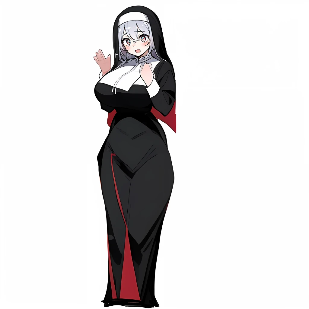 with a pure white background,with a simple background,Full body portrait of the character,Pray with both hands,lewd nun,Silvery hair,red pupils,Wearing black tulle,Color gas,Royal Sister