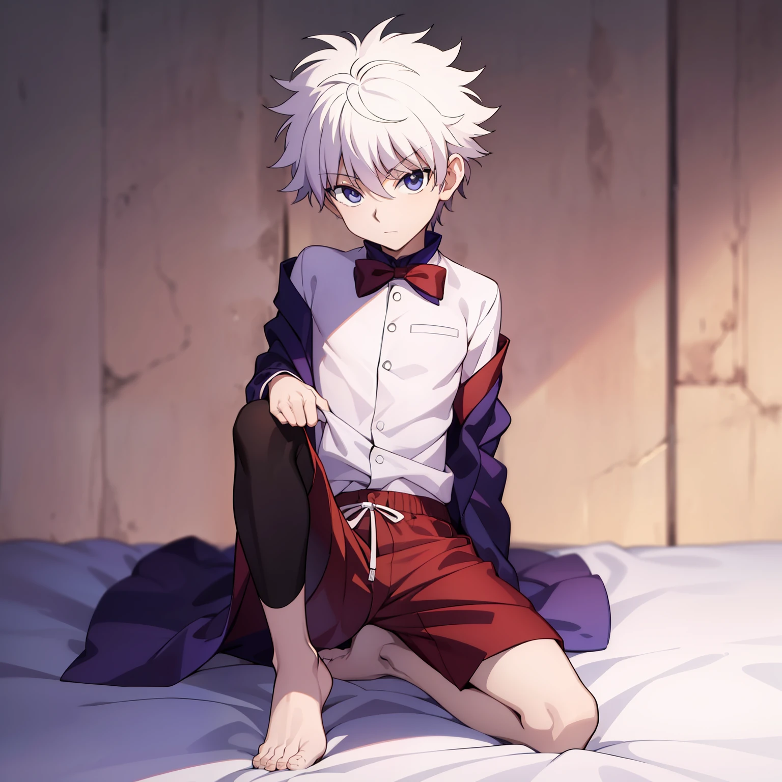 masterpiece, best quality, high quality, 1boy, solo, male focus, looking at viewer, full body, killua_zoldyck, background blood moon, wearing satin pajamas shorts, the material of satin pajamas is shiny, soft and smooth to the touch, no underwear,bulge,