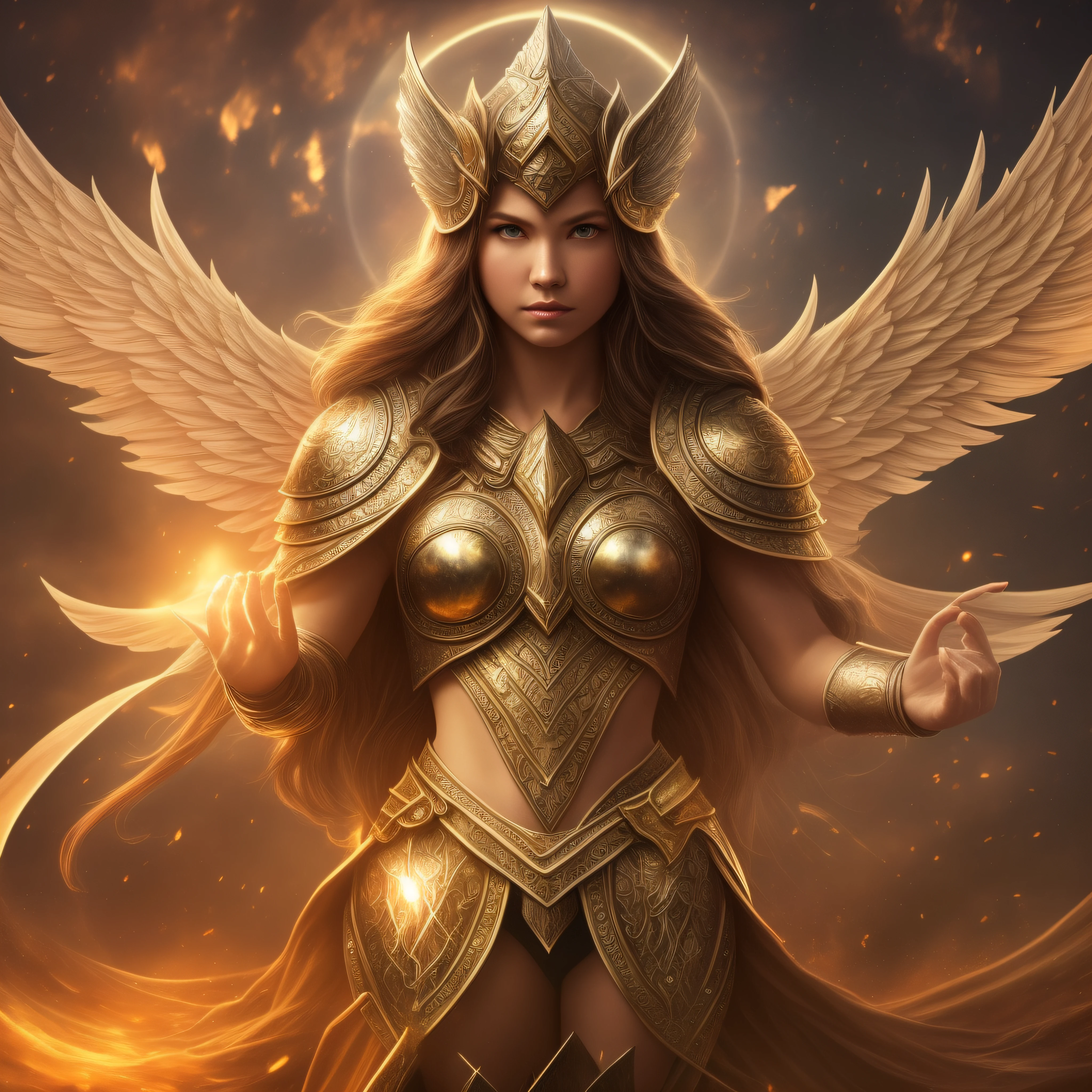 super high resolution, best quality, photo, 8k, (photorealistic: 1.2), cinematic lighting, A young woman shaped like a fantz wlop, giant woman and floating on the crystal throne, floating on crystal clouds, yellow eyes, bright yellow light emitted from the throne, precious stones floating in the sky, God, with beams of light enveloping her body, with large translucent wings, feathered on the crystal throne, wings are open, golden light (halo:1.2) over your head, abdominal muscles dressed in medieval golden armor, feminine, dark, masterpiece, best quality, intricate details, snow environment and crystals in the background, crystal cathedral, portal of the future, 3D light, HD, magic, god of light, backlighting, detailed face, DREAD, depth of field, soft lighting, mapped tone, highly detailed, concept art, smooth, sharp focus, dramatic lighting, highly detailed art, cinematic, 8K, amazing shadows (highly detailed background: 1.2), a viking, a spartan, fighting, blood, sweat, war, full body image, holding the bjorn in the left hand. --auto --s2