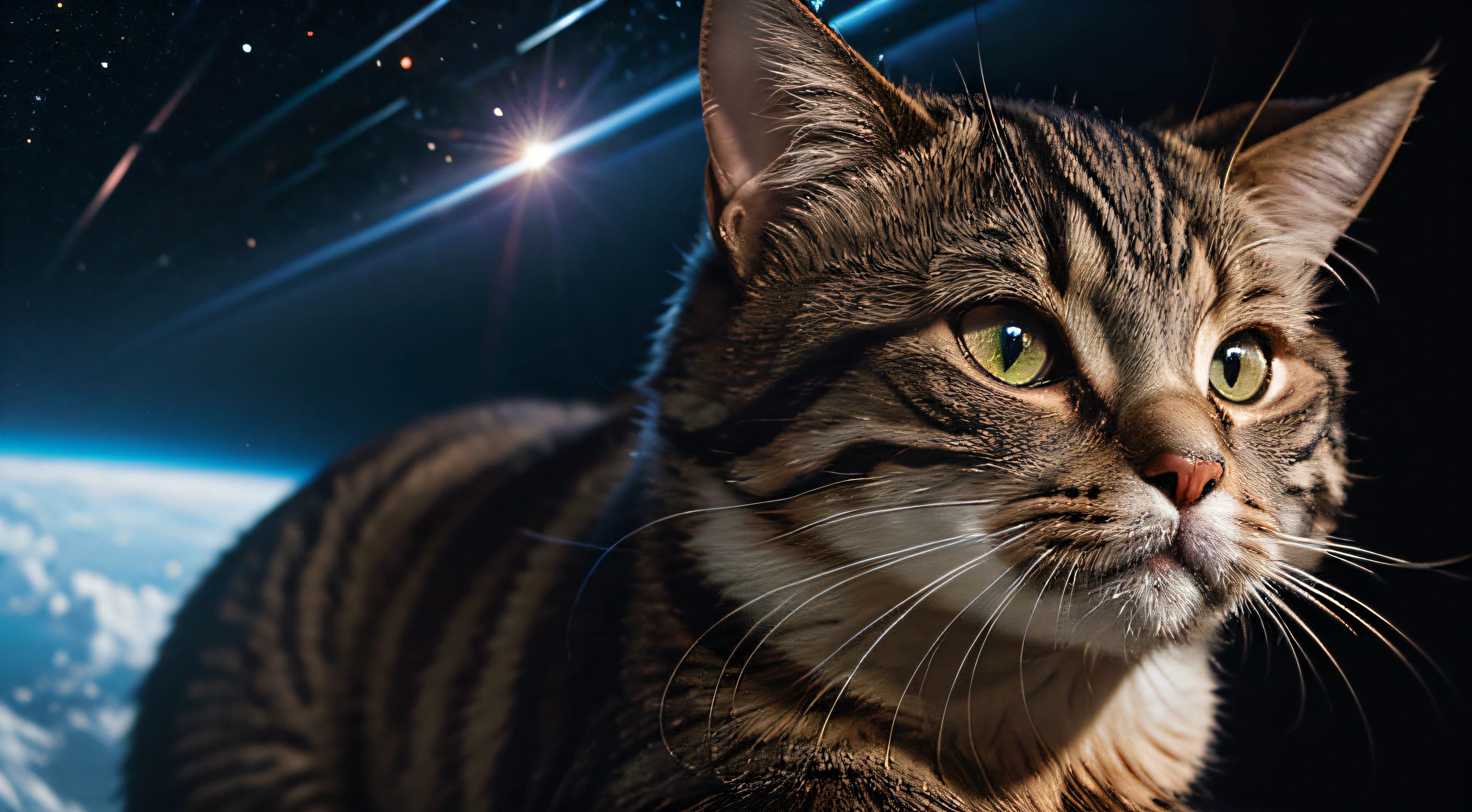 absolutely resolution,masutepiece,Best Quality,Extreme details, Ultra-detailed,Thinking cat,Outer space,photographrealistic,Upper body,  Looking At Other,