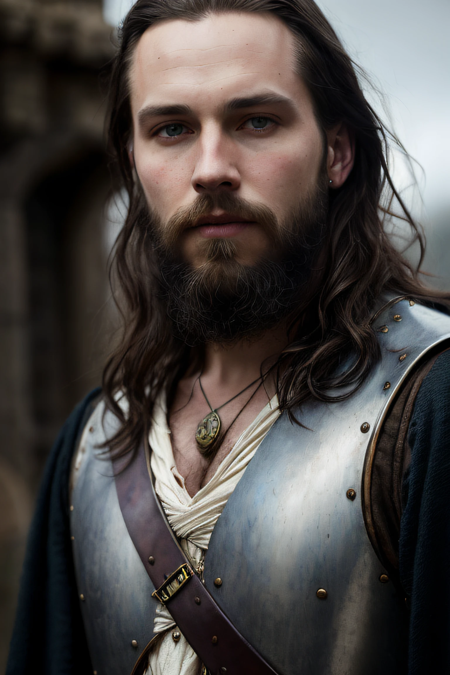 close up portrait of Austin Butler as a 26 years old fantasy male adventurer, pale skin, very long loose wavy shabby black hair, incredible grey eyes, long arched eyebrows, beard, fantasy adventurer clothes, intense look, fascinating, slim and athletic, in a big medieval city, (backlighting), realistic, masterpiece, highest quality, lens flare, shade, bloom, [[chromatic aberration]], by Jeremy Lipking, by Antonio J. Manzanedo, digital painting