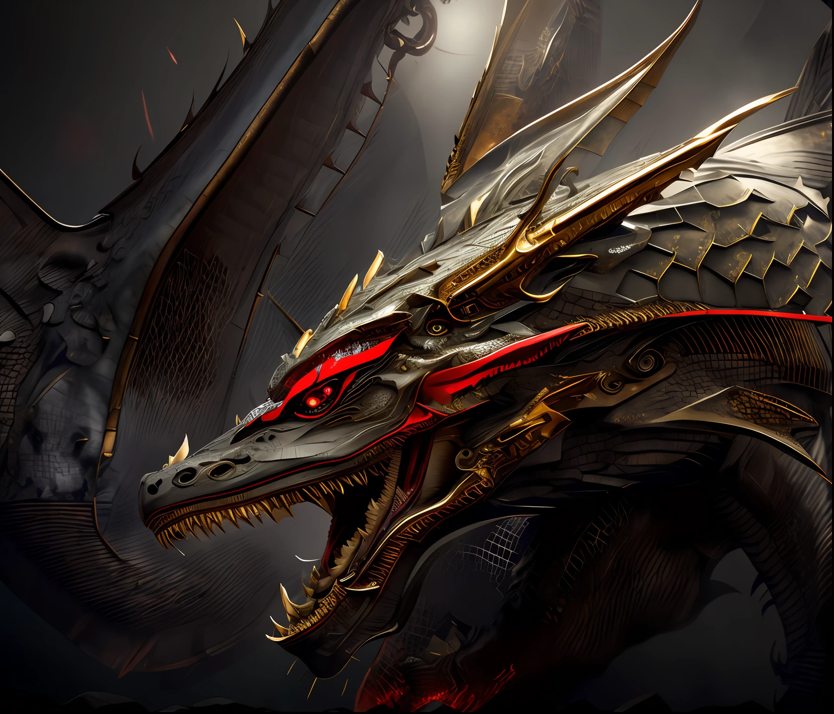 There is a drawing of a dragon head with red eyes, Portrait of a cyborg dragon, dragon with scars, sleek dragon head, sharp sleek cyborg dragon head, sharp cyborg dragon head, dragon portrait, Portrait of a dragon, Dragon Art, Dragon face, Dragon Head, detailed dragon, 4K detailed digital art, Dragon in the background, colossal dragon as background, Dragon