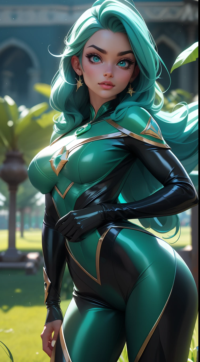 Elsa-Green Lantern Fusion, Roupas do Lanterna Verde, Cabelos brancos da Elsa, melting, 1girl, Latex bodysuit, Beautiful, (master part:1.2), (melhor qualidade:1.2), ((pose de luta)), ((campo de batalha)), cinemactic, olhos perfeitos, pele perfeita, perfect lighting, sorrir, luz, cor, pele texturizada, detalhe, Beleza, maravilha, ultra-detalhado, rosto perfeito