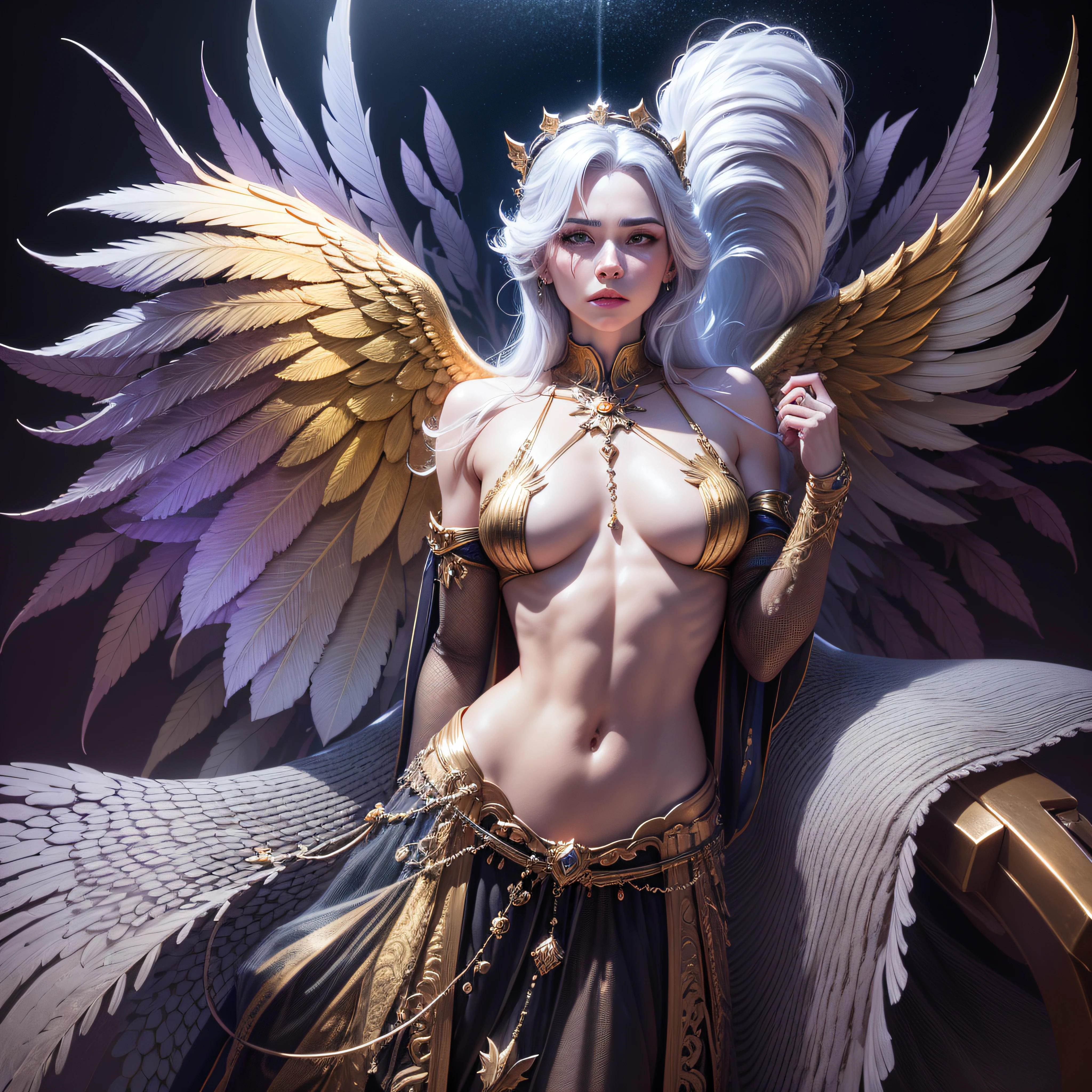 super high resolution, best quality, photo, 8k, (photorealistic: 1.2), cinematic lighting, A young man shaped like a fantz wlop, giant woman and floating on the crystal throne, floating on crystal clouds, yellow eyes, bright yellow light emitted from the throne, Precious stones floating in the sky, God, with beams of light enveloping his body, with large translucent wings,  feathered on the crystal throne, wings are open, golden light (halo:1.2) upon his head, abdominal muscles dressed in medieval golden armor, feminine, dark, masterpiece, best quality, intricate details, snow environment and crystals in the background, crystal cathedral, portal of the future, 3d light, HD, magic, god of light, backlighting, detailed face, DREAD, depth of field,  smooth lighting, tone mapped, highly detailed, concept art, smooth, focus sharp, dramatic illumination, highly detailed art, cinematic, 8K, incredible shadows (highly detailed background: 1.2), a viking, a spartan, fighting, blood, sweat, war, full body image, Holding the Bjorn in his left hand. --auto --s2