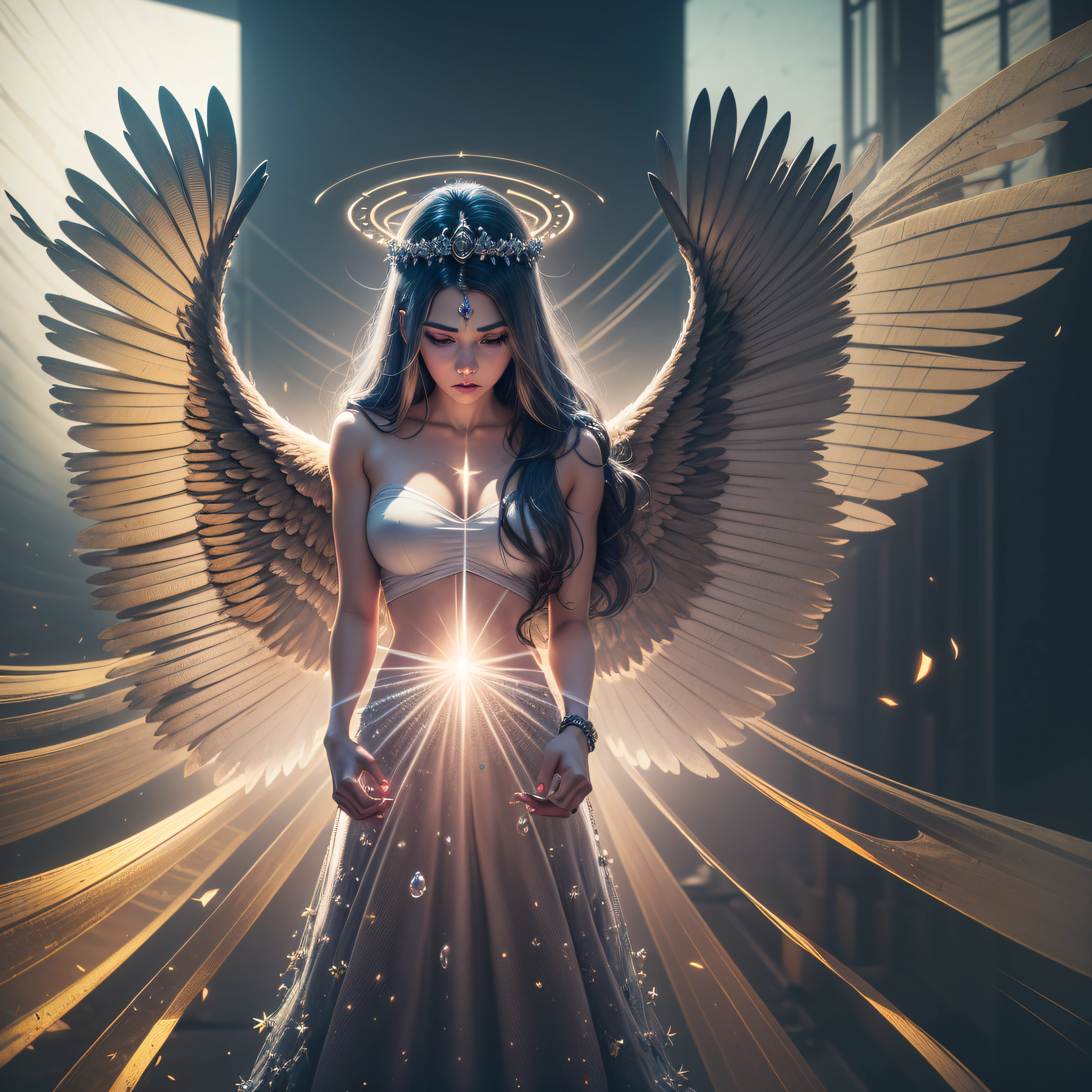 super high resolution, best quality, photo, 8k, (photorealistic: 1.2), cinematic lighting, A young man shaped like a fantz wlop, giant woman and floating on the crystal throne, floating on crystal clouds, yellow eyes, bright yellow light emitted from the throne, Precious stones floating in the sky, God, with beams of light enveloping his body, with large translucent wings, feathered on the crystal throne, wings are open, golden light (halo:1.2) upon his head, abdominal muscles dressed in medieval golden armor, feminine, dark, masterpiece, best quality, intricate details, snow environment and crystals in the background, crystal cathedral, portal of the future, 3d light, HD, magic, god of light, backlighting, detailed face, DREAD, depth of field, smooth lighting, tone mapped, highly detailed, concept art, smooth, focus sharp, dramatic illumination, highly detailed art, cinematic, 8K, incredible shadows (highly detailed background: 1.2), a viking, a spartan, fighting, blood, sweat, war, full body image, Holding the Bjorn in his left hand. --auto --s2