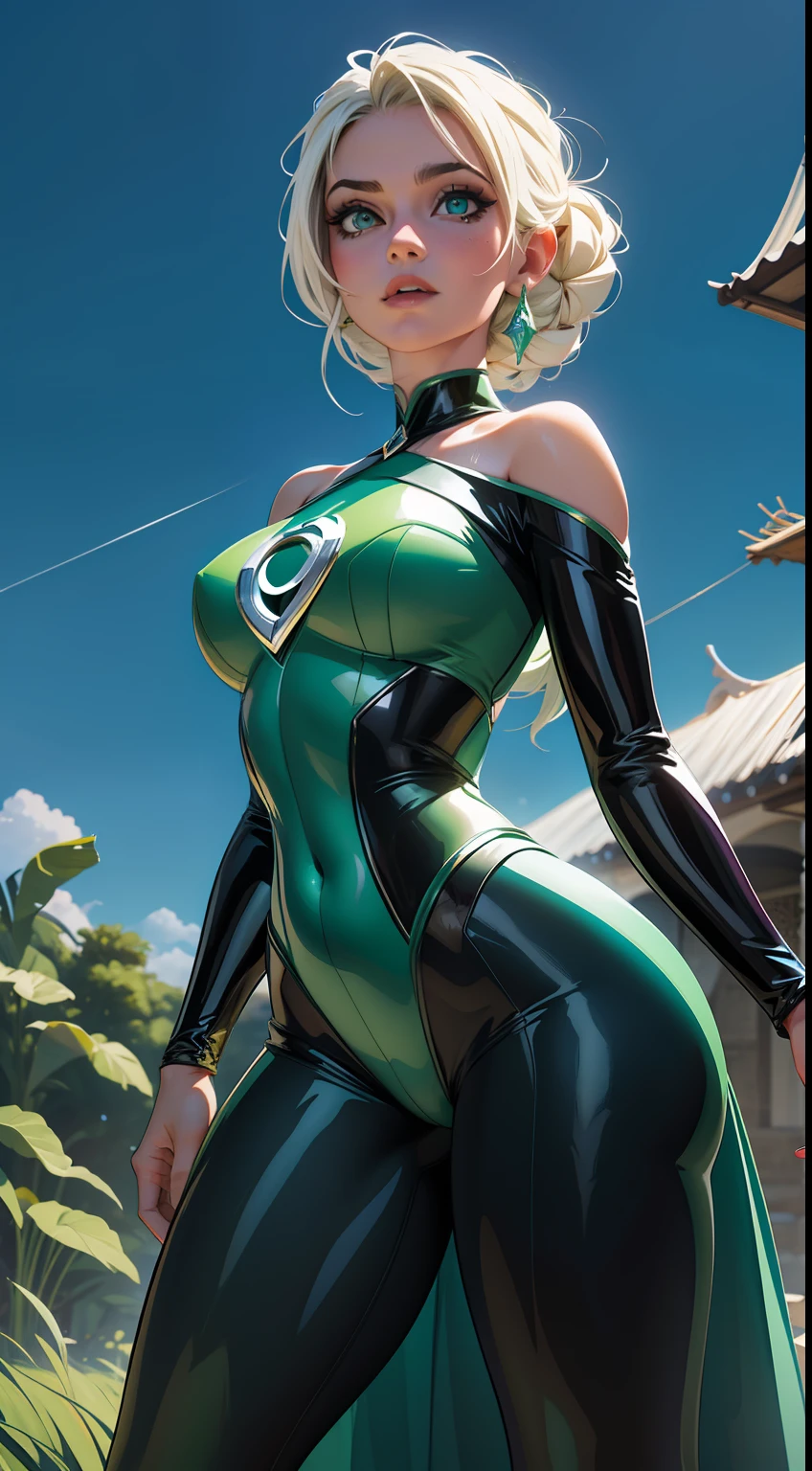 Elsa-Green Lantern Fusion, Roupas do Lanterna Verde, Cabelos brancos da Elsa, melting, 1girl, Latex bodysuit, Beautiful, (master part:1.2), (melhor qualidade:1.2), ((pose de luta)), ((campo de batalha)), cinemactic, olhos perfeitos, pele perfeita, perfect lighting, sorrir, luz, cor, pele texturizada, detalhe, Beleza, maravilha, ultra-detalhado, rosto perfeito