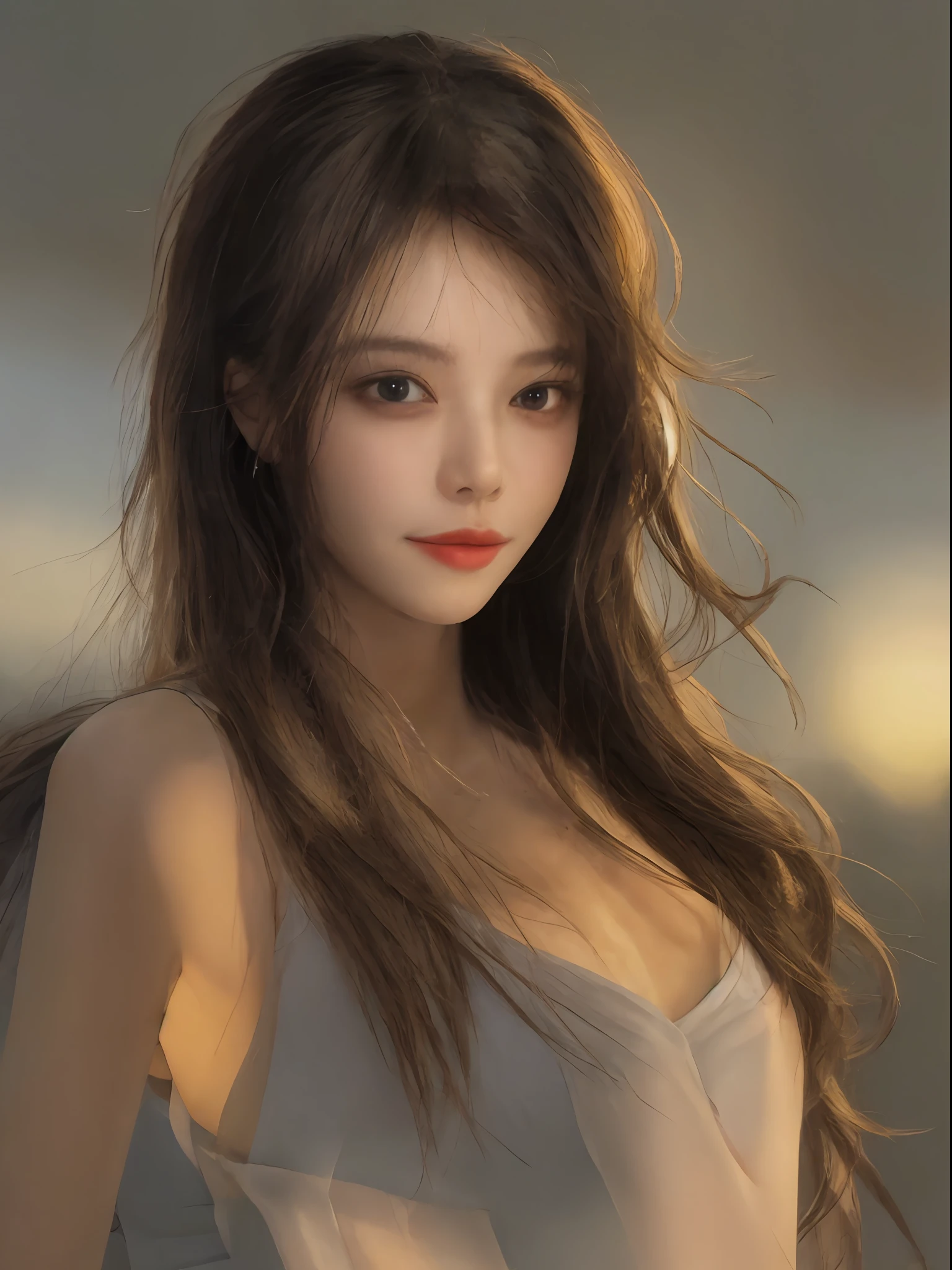 1girll， 独奏， hentail realism， brunette color hair， ， 黑The eye， cparted lips， Keep one's mouth shut， hair between eye， tmasterpiece， （realisticlying：1.3），， rays of sunshine，roof，At sunrise，Warm tones