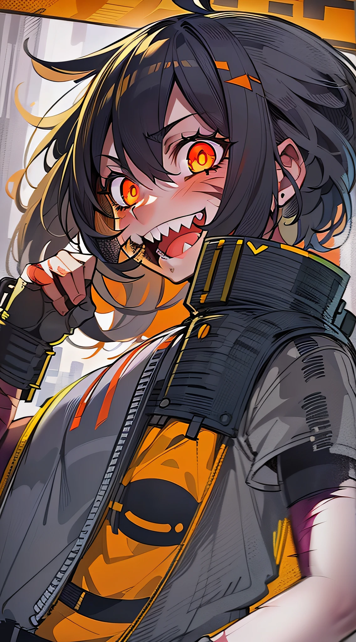 Best Quality, super detailed illustration, A  girl, (Crazy orange eyes:1.2),(wide eyes:1.2), (short tousled black hair:1.2),(crazy smile:1.2) ,(Scars:1.2), combat pose, the perfect body, Loose clothing, sharp teeth