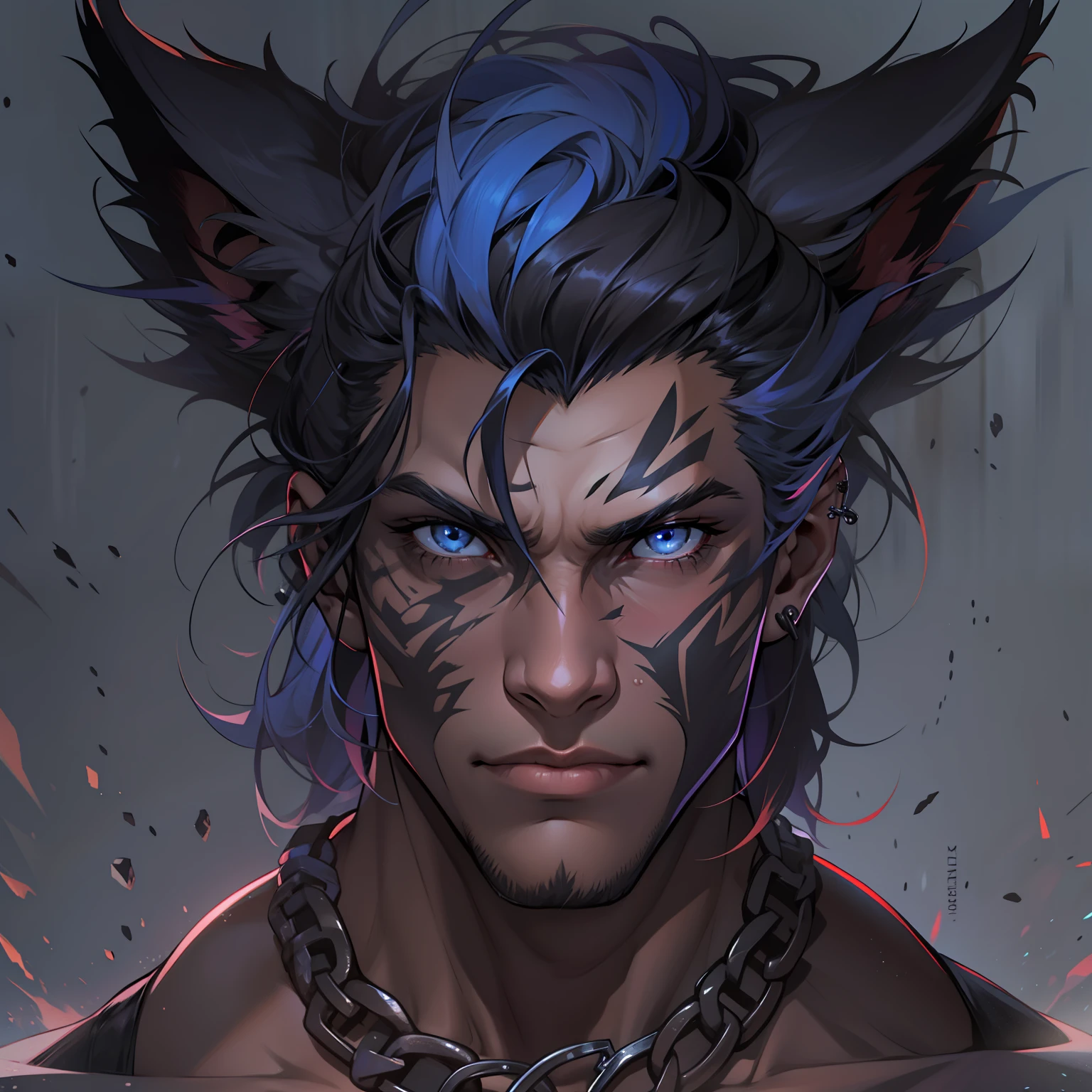 Fenrir human form, I generally have midnight black hair and piercing blue eyes. My skin is tanned and my appearance could be described as rugged. My attire is usually chosen to fit the context in which I am interacting with humans. In some instances, my attire may appear primitive or archaic, while in other instances I may present as a sophisticated and well-dressed individual.