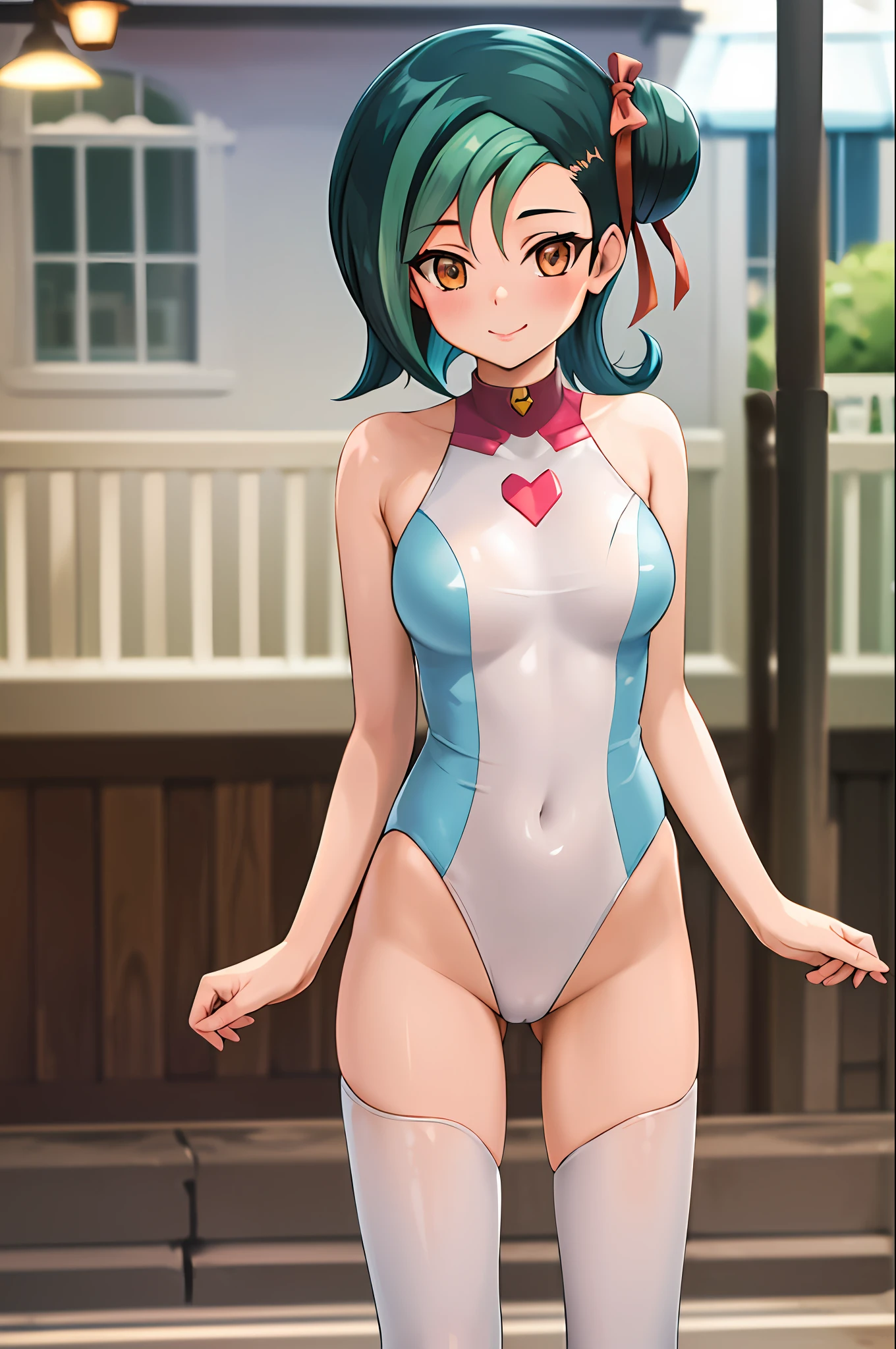 masterpiece, best quality, highres, hmkotori, short hair, multicolored hair, single hair bun, hair ribbon standing, cowboy shot, outdoors, smile, arms at sides, straight-on, reverse bunnysuit, heart pasties,