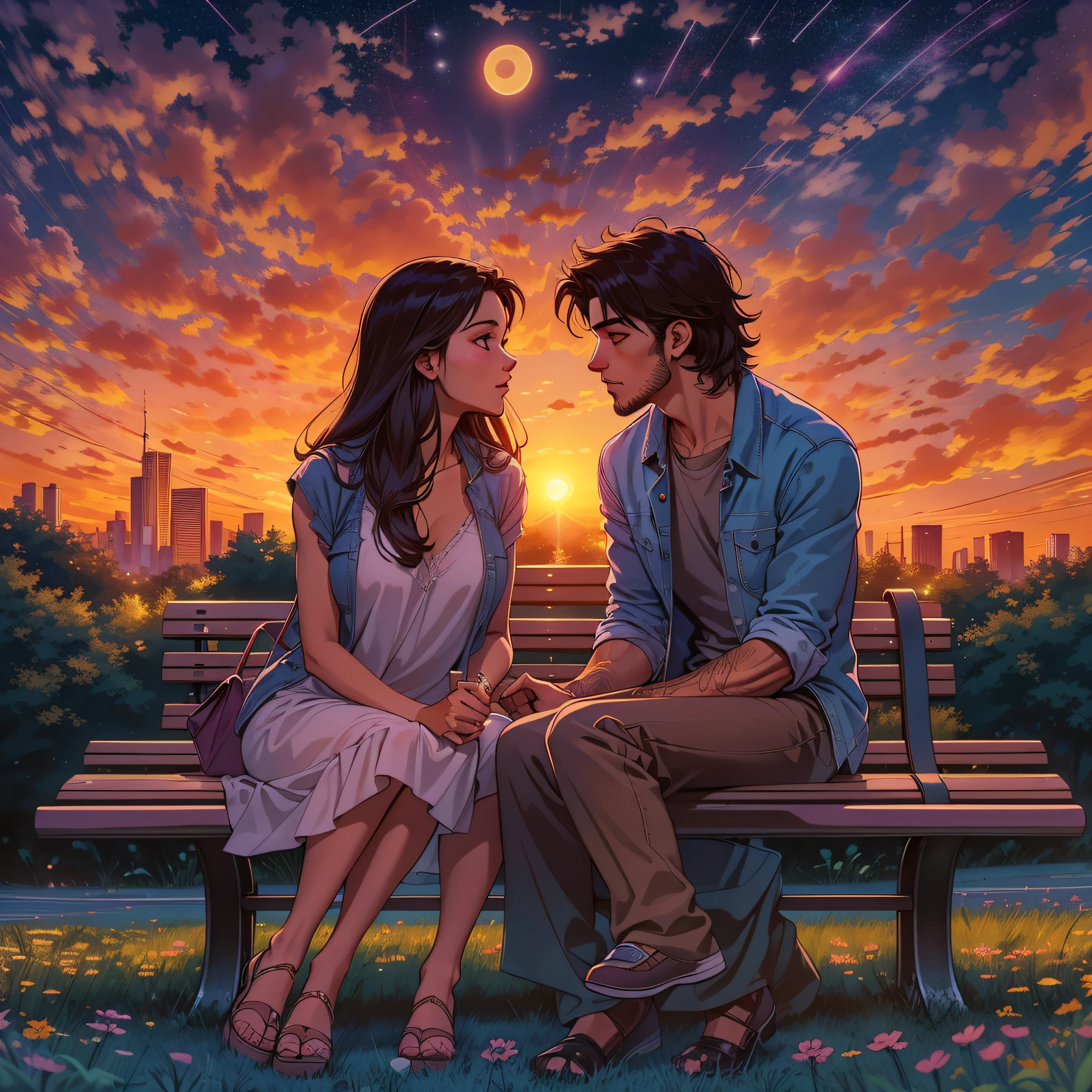 As the sun sets over the horizon, woman and man remain side by side, sitting on a park bench, attracted to each other like magnets. The sky is painted in dazzling colors, and the city begins to light up as night approaches. At night, under a starry sky, Sofia and Diego continue talking, enveloped in an atmosphere of excitement and mystery. The setting is romantic and promising, suggesting that this story is just beginning.