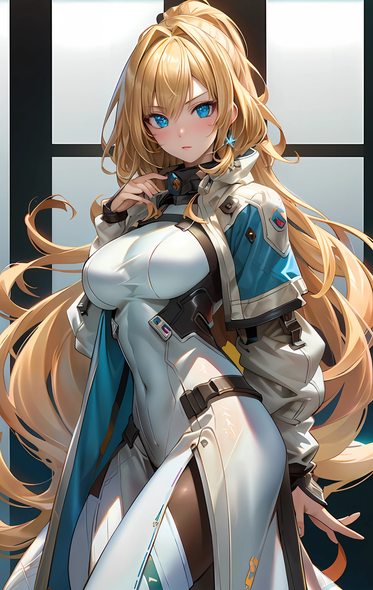 (masterpiece,best quality,ultra-detailed,highres,illustration:1.2),extremely detailed wallpaper,official art, amazing,high detail,ultra-detailed,extremely detailed 8k wallpaper,(character design),(simple background, white background: 1.3),(1girl),(solo),(young girl:1.2),(taimanin suit),sexy,perfect anatomy,beautiful face,fluffy hairstyle,blond hair colour,big breasts,cowboy shot,standing,looking at viewer