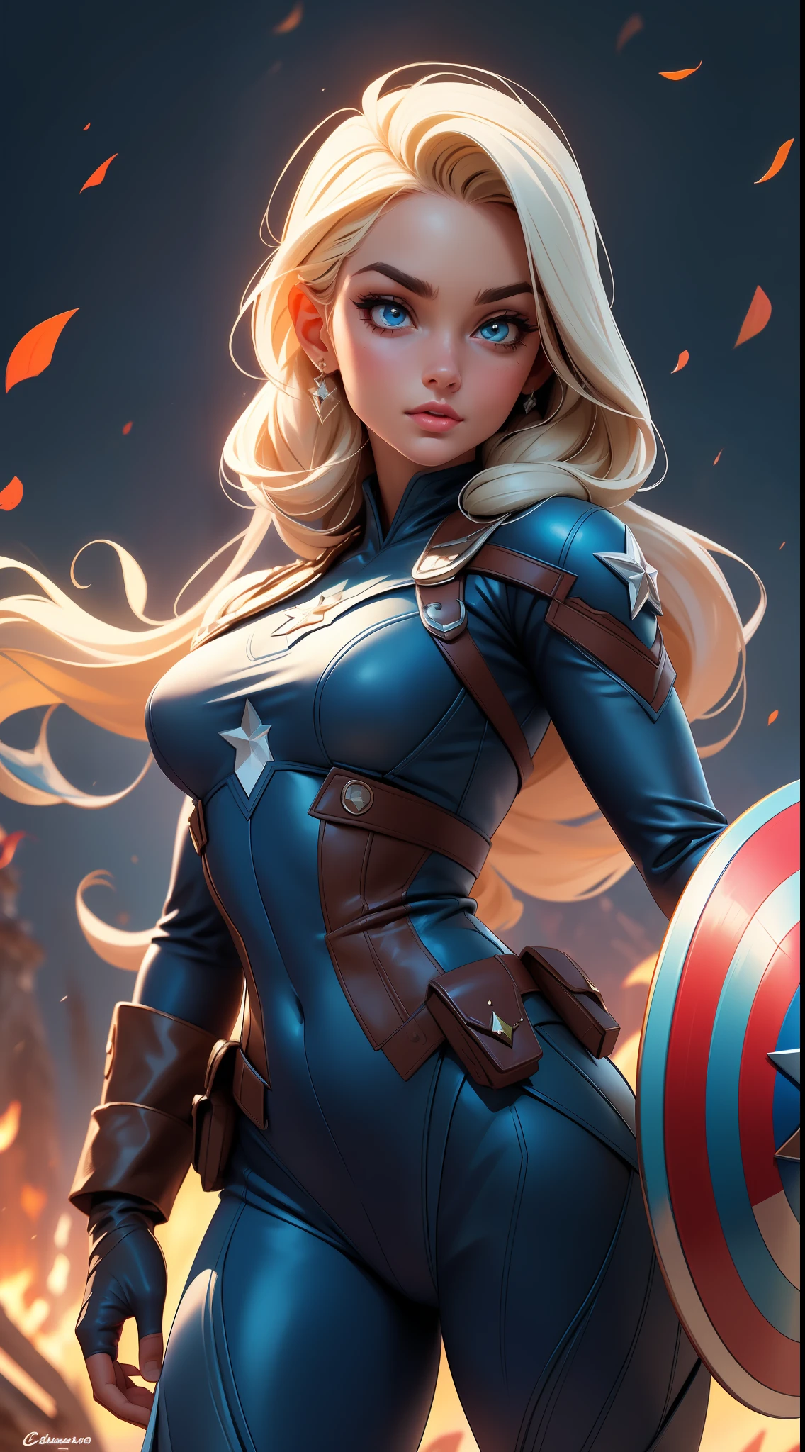 Elsa-Captain America Fusion, Captain America's Clothes, Cabelos brancos da Elsa, melting, 1girl, Latex bodysuit, Captain America's Shield, Beautiful, (master part:1.2), (melhor qualidade:1.2), ((pose de luta)), ((campo de batalha)), cinemactic, olhos perfeitos, pele perfeita, perfect lighting, sorrir, luz, cor, pele texturizada, detalhe, Beleza, maravilha, ultra-detalhado, rosto perfeito