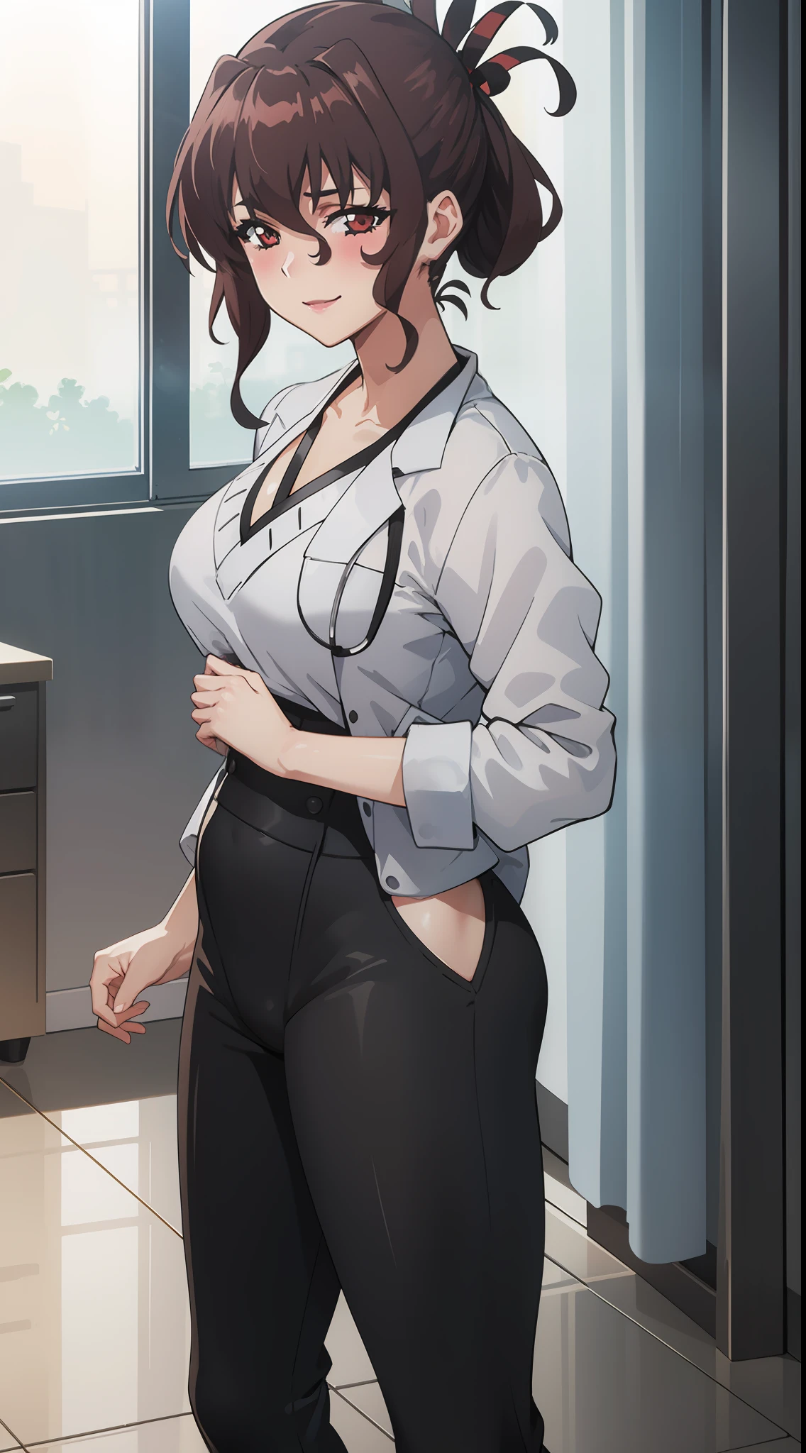 1girl,solo,Aiko Katsuragi, Bangs,large breasts,standing, upper body, seductive look, blush, medical room, beautiful smile, looking at viewer, moody lighting, facing viewer, slingshot, (full body shot),(light_smile:0.5), official art,extremely detailed CG unity 8k wallpaper, perfect lighting,Colorful, Bright_Front_face_Lighting,shiny skin, (masterpiece:1.0),(best_quality:1.0)