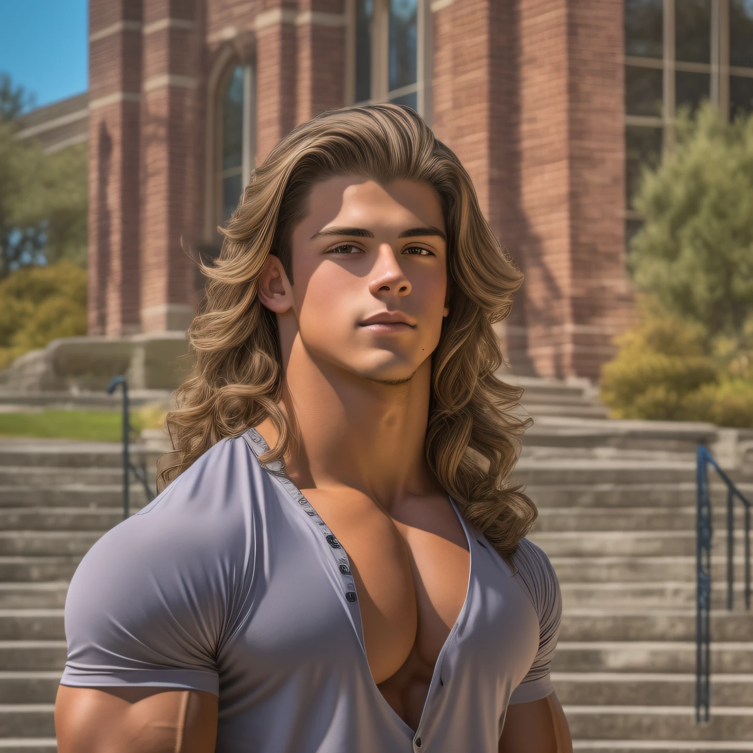 solo 18-year-old boy bodybuilder, embodying the perfect fusion of Joey Lawrence and Cody Calafiore with long hair, exuding an aura of strength and confidence. Enhanced with HDR technology, this image depicts a true masterpiece, 4K resolution, collegiate-revival university campus