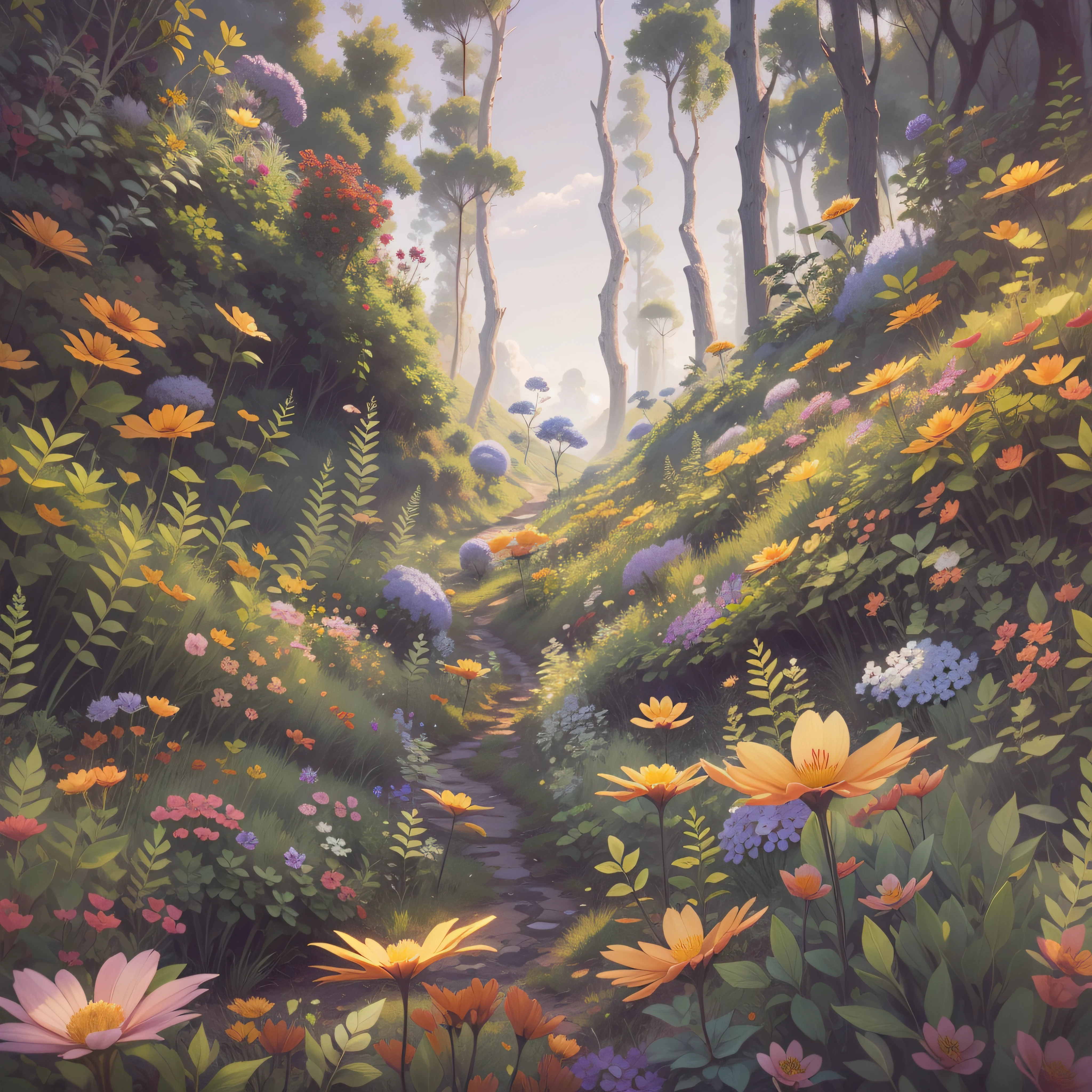 uma floresta muito grande com flores por todo o lado. highes definition, 4k, flores detalhadas e estilo de desenho animado